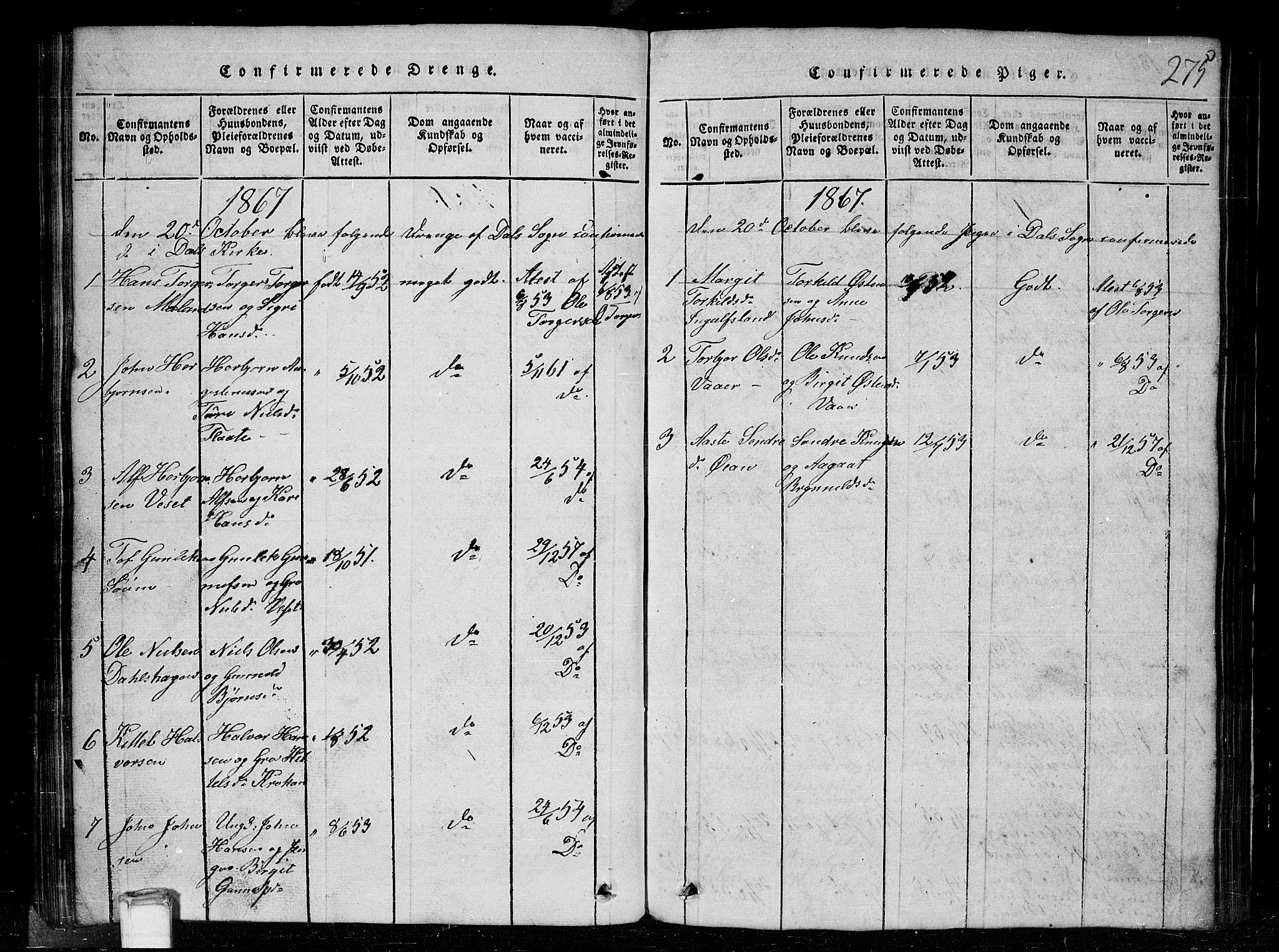 Tinn kirkebøker, AV/SAKO-A-308/G/Gc/L0001: Klokkerbok nr. III 1, 1815-1879, s. 275