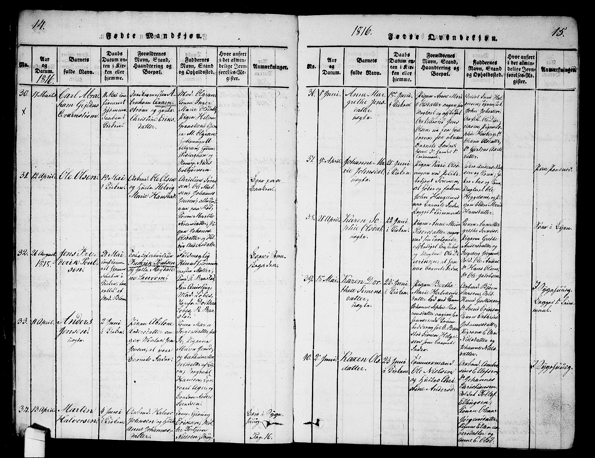 Halden prestekontor Kirkebøker, SAO/A-10909/G/Ga/L0001: Klokkerbok nr. 1, 1815-1833, s. 14-15