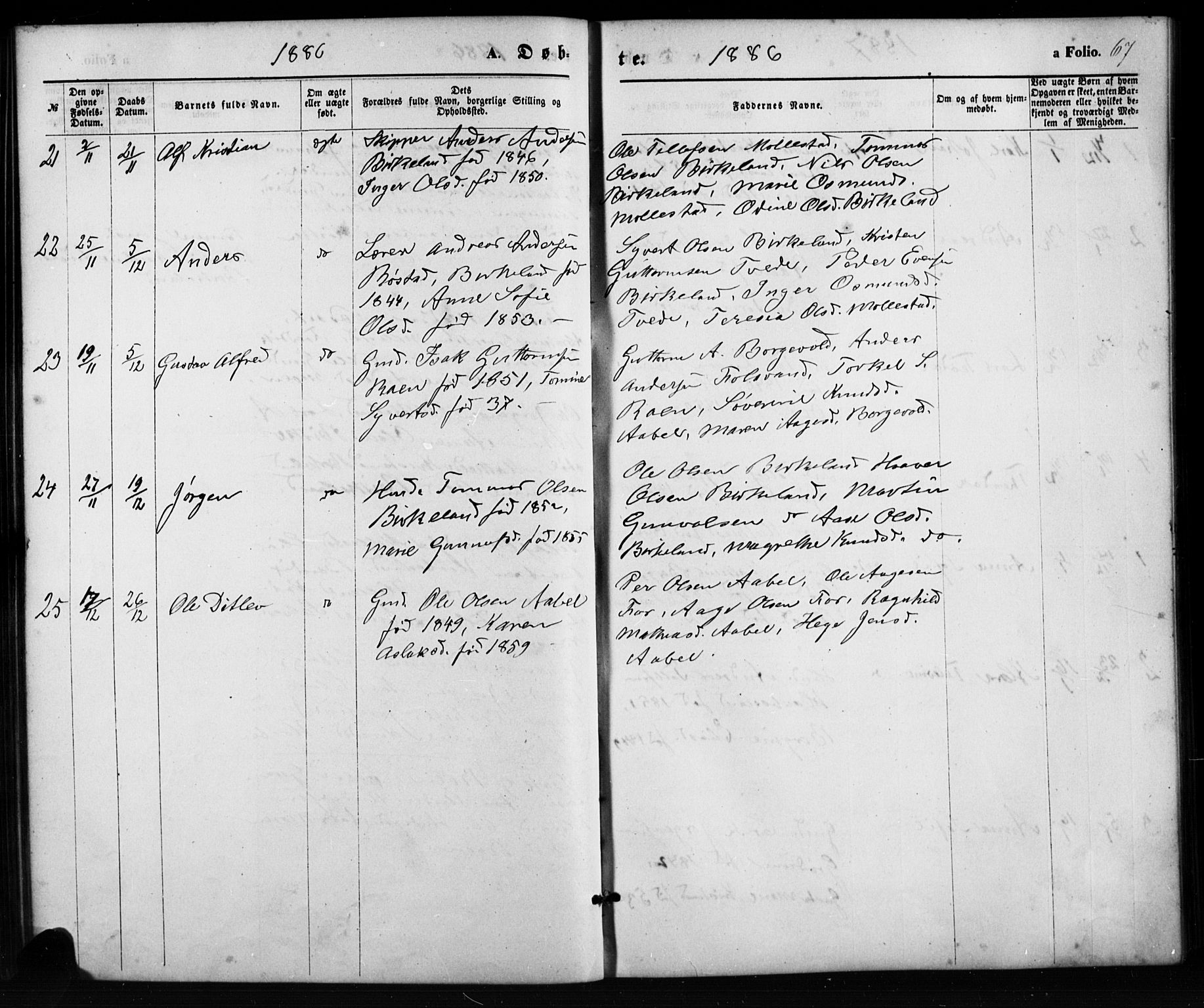 Birkenes sokneprestkontor, AV/SAK-1111-0004/F/Fb/L0003: Klokkerbok nr. B 3, 1876-1892, s. 67