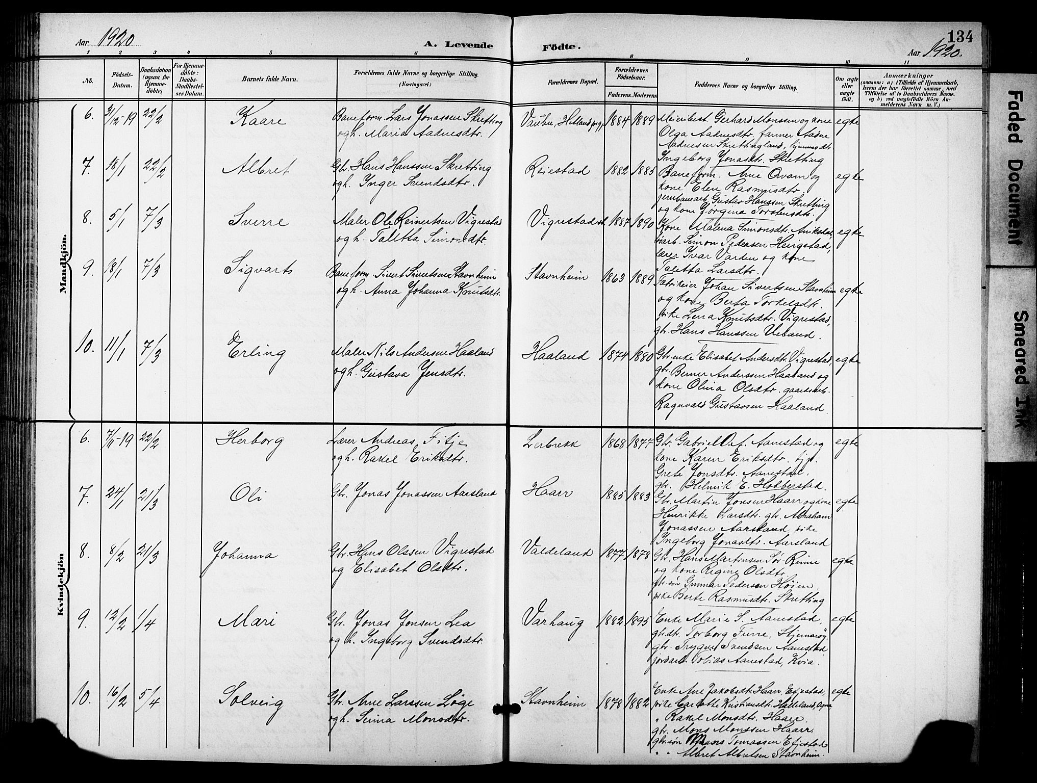 Hå sokneprestkontor, AV/SAST-A-101801/001/30BB/L0006: Klokkerbok nr. B 6, 1900-1924, s. 134