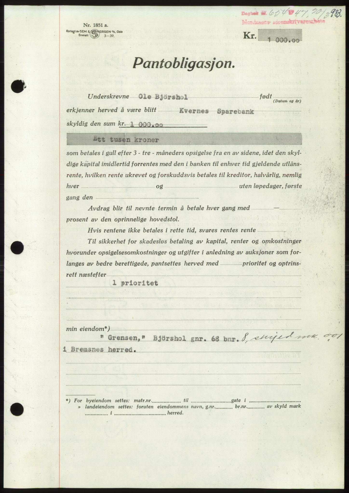 Nordmøre sorenskriveri, SAT/A-4132/1/2/2Ca: Pantebok nr. B95, 1946-1947, Dagboknr: 654/1947