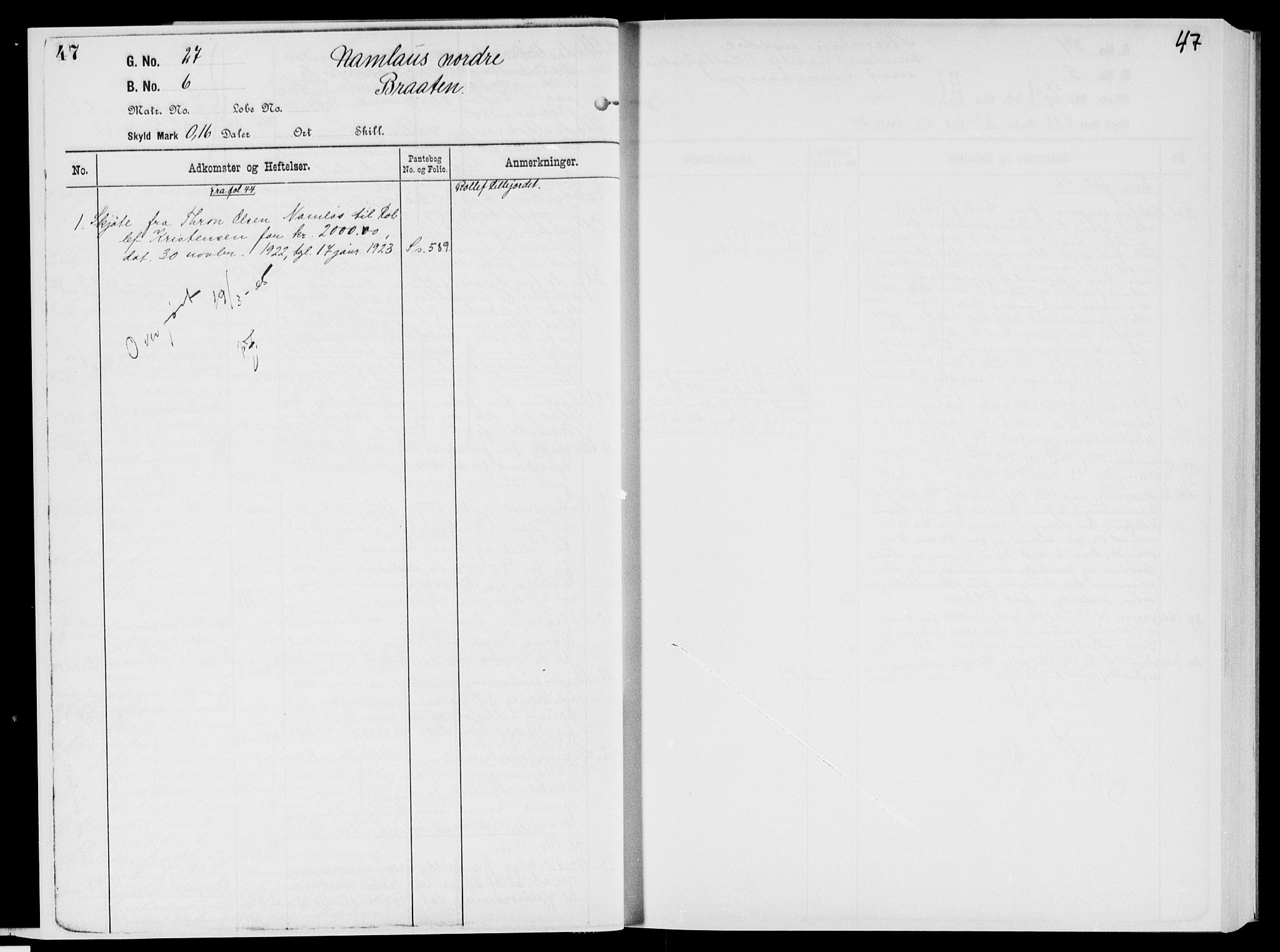 Nedre Telemark sorenskriveri, AV/SAKO-A-135/G/Gb/Gbg/L0002: Panteregister nr. VII 2, s. 47