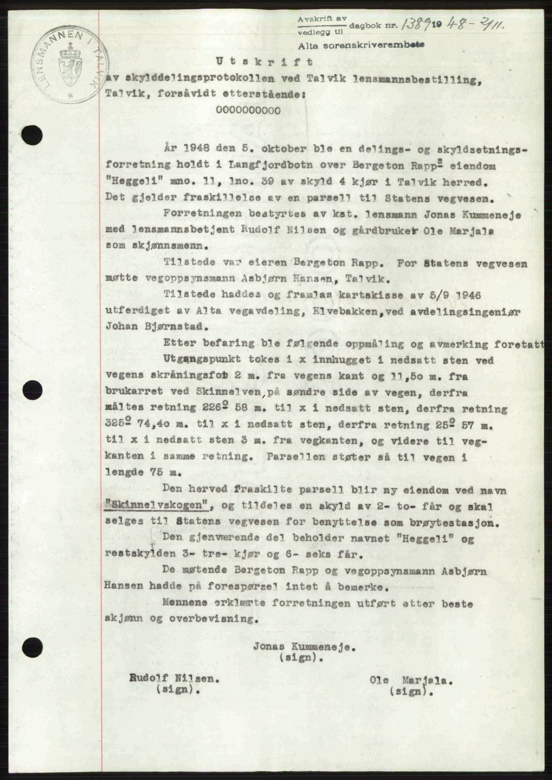 Alta fogderi/sorenskriveri, SATØ/SATØ-5/1/K/Kd/L0037pantebok: Pantebok nr. 39-40, 1948-1949, Dagboknr: 1389/1948