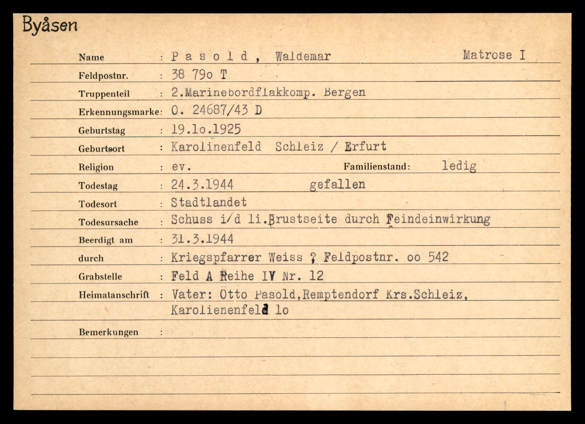 Distriktskontoret for krigsgraver, AV/SAT-A-5030/E/L0004: Kasett/kartotek over tysk Krigskirkegård på Byåsen, 1945, s. 1285