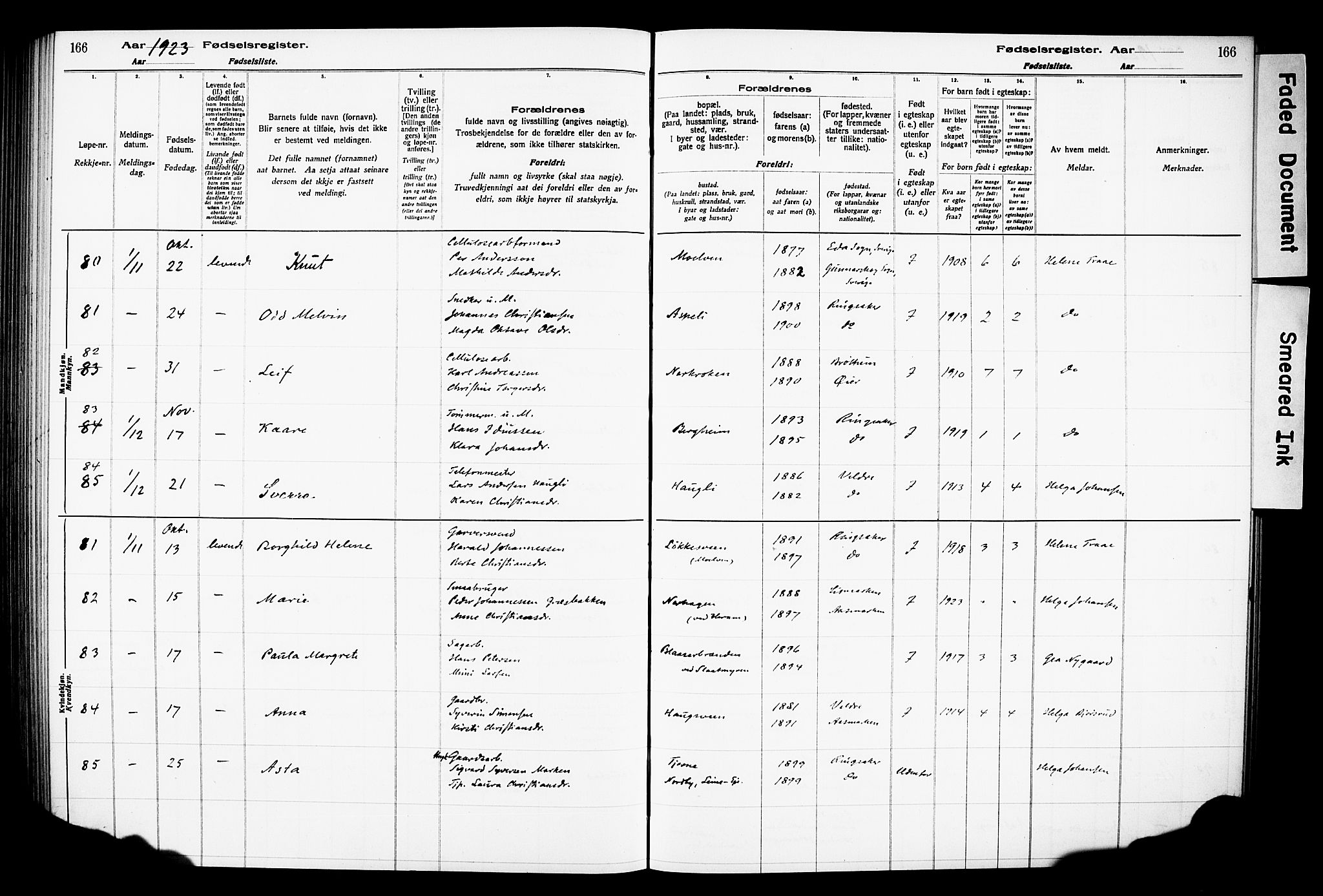 Ringsaker prestekontor, AV/SAH-PREST-014/O/Oa/L0001: Fødselsregister nr. 1, 1916-1925, s. 166