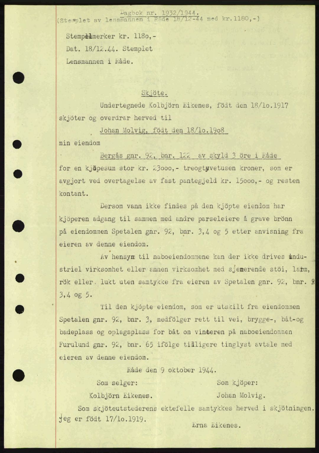 Moss sorenskriveri, SAO/A-10168: Pantebok nr. A13, 1944-1945, Dagboknr: 1932/1944