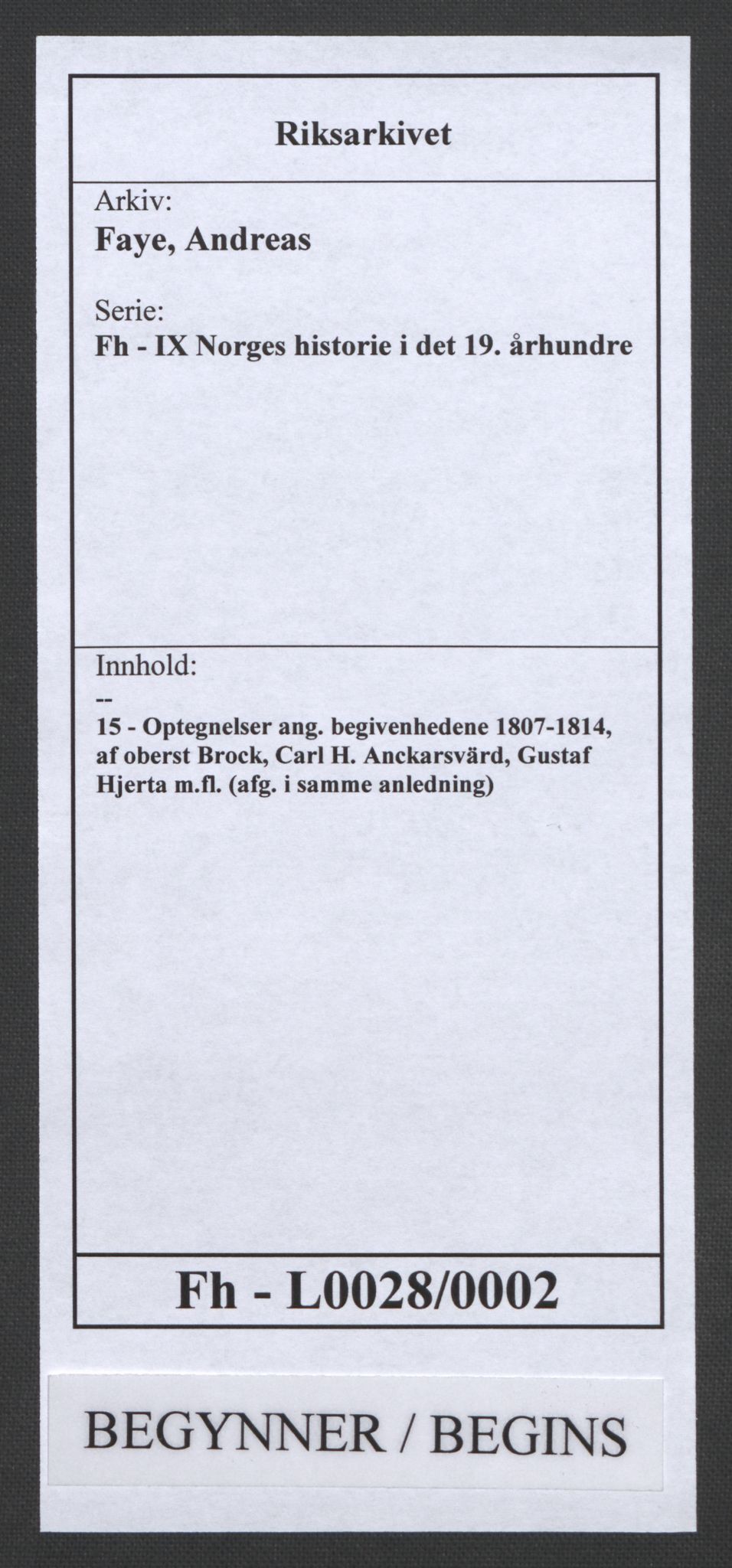 Faye, Andreas, AV/RA-PA-0015/F/Fh/L0028/0002: -- / Optegnelser ang. begivenhedene 1807-1814, af oberst Brock, Carl H. Anckarsvärd, Gustaf Hjerta m.fl. (afg. i samme anledning), s. 1