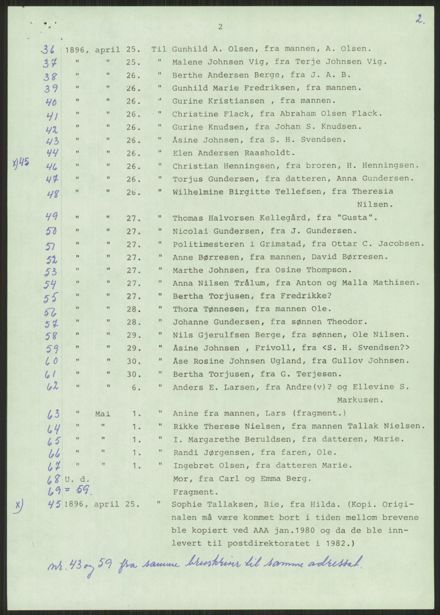 Samlinger til kildeutgivelse, Amerikabrevene, AV/RA-EA-4057/F/L0025: Innlån fra Aust-Agder: Aust-Agder-Arkivet, Grimstadbrevene, 1838-1914, s. 7