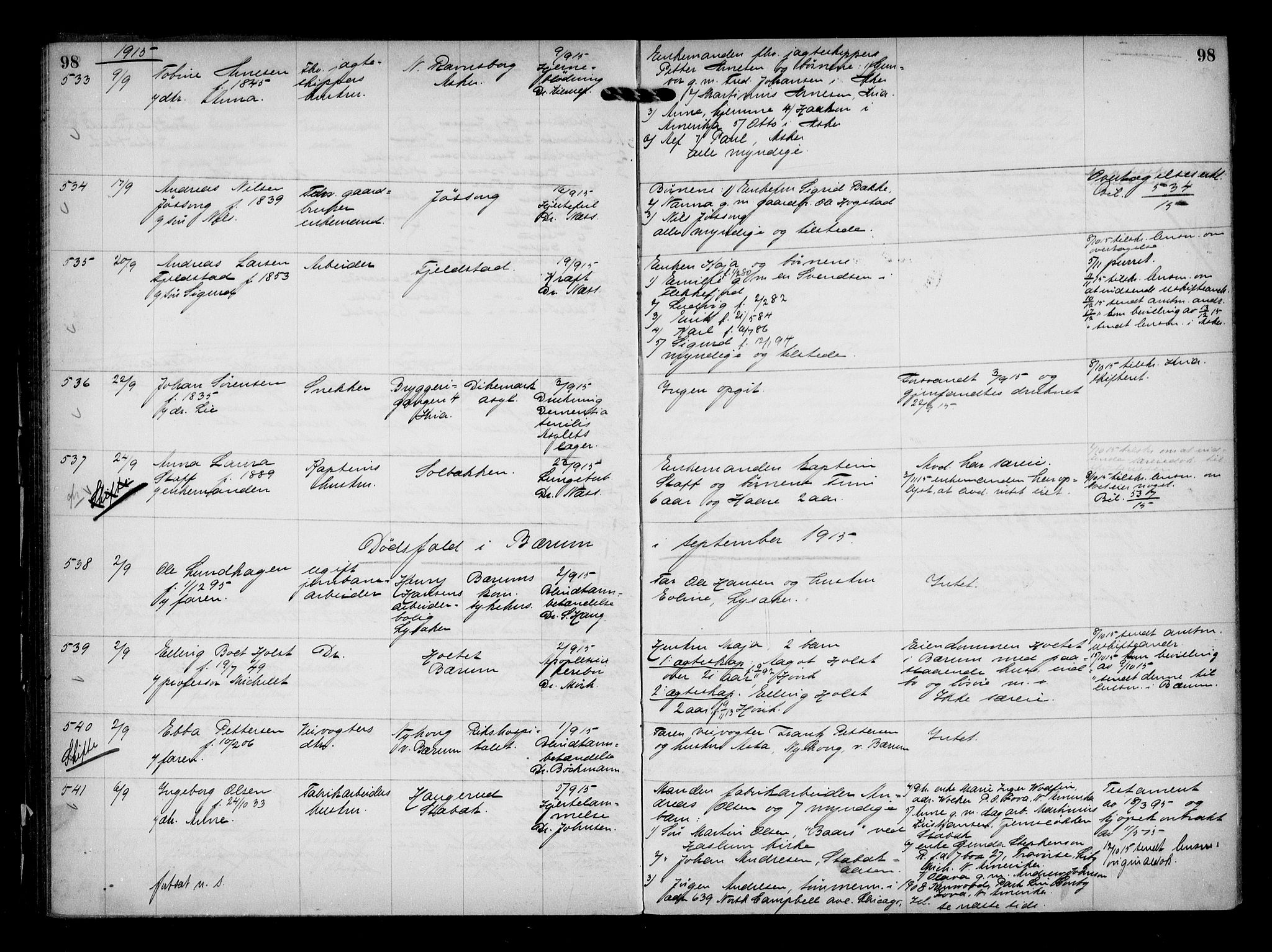 Aker kriminaldommer, skifte- og auksjonsforvalterembete, AV/SAO-A-10452/H/Hb/Hba/Hbaa/L0004: Dødsfallsprotokoll, 1914-1918, s. 98