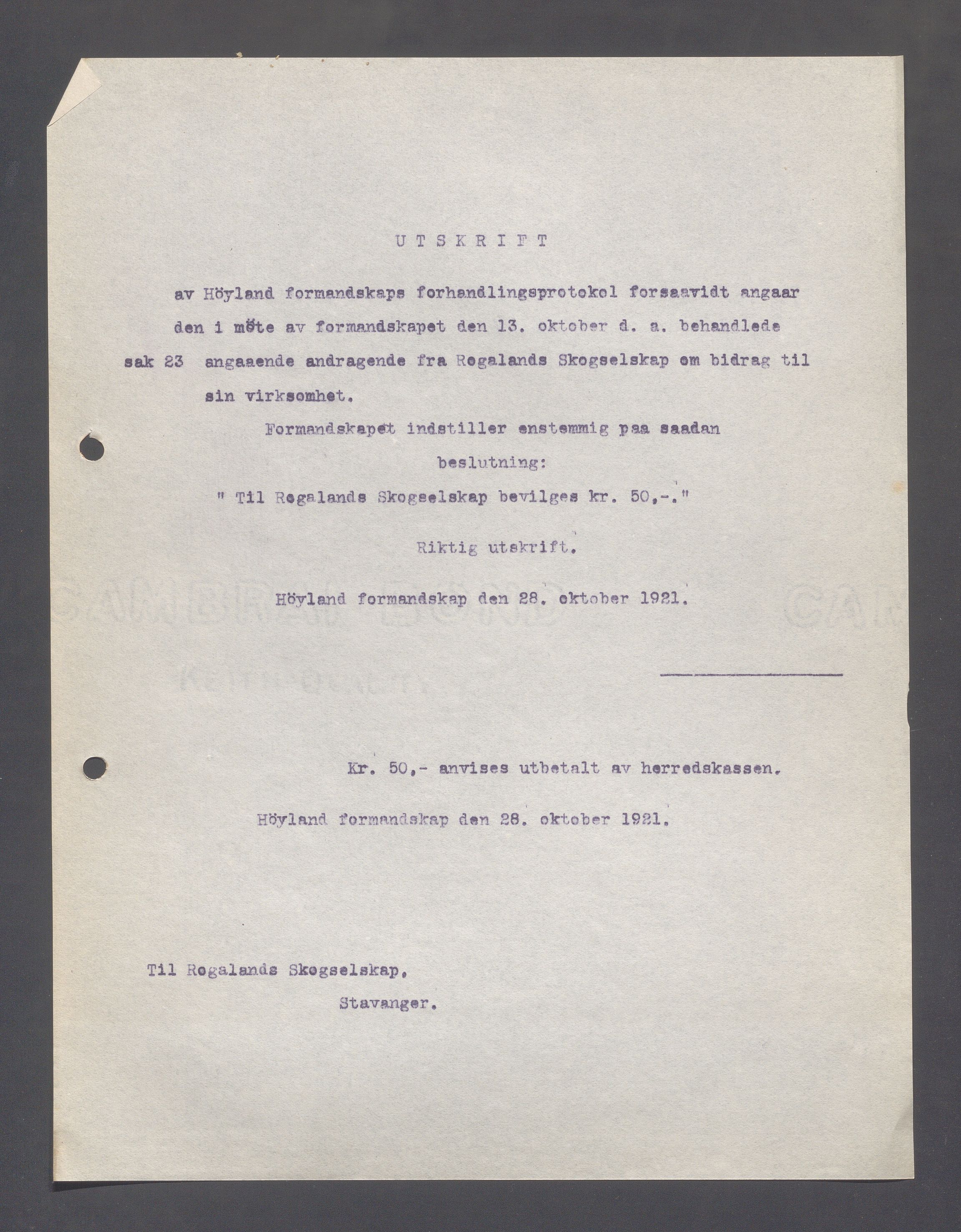 Høyland kommune - Formannskapet, IKAR/K-100046/B/L0005: Kopibok, 1918-1921, s. 1254