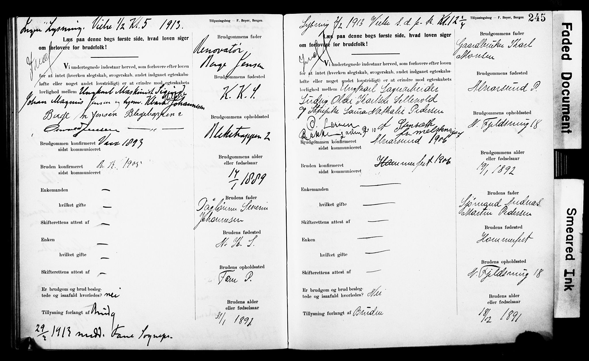 Korskirken sokneprestembete, SAB/A-76101: Forlovererklæringer nr. II.5.9, 1908-1914, s. 245