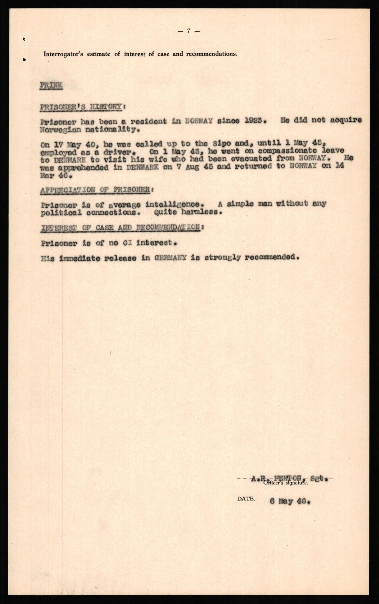 Forsvaret, Forsvarets overkommando II, AV/RA-RAFA-3915/D/Db/L0026: CI Questionaires. Tyske okkupasjonsstyrker i Norge. Tyskere., 1945-1946, s. 363