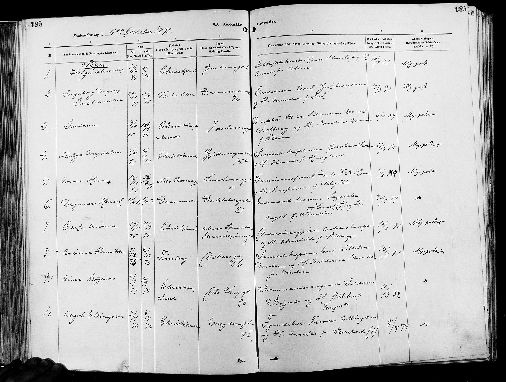 Garnisonsmenigheten Kirkebøker, SAO/A-10846/F/Fa/L0012: Ministerialbok nr. 12, 1880-1893, s. 185