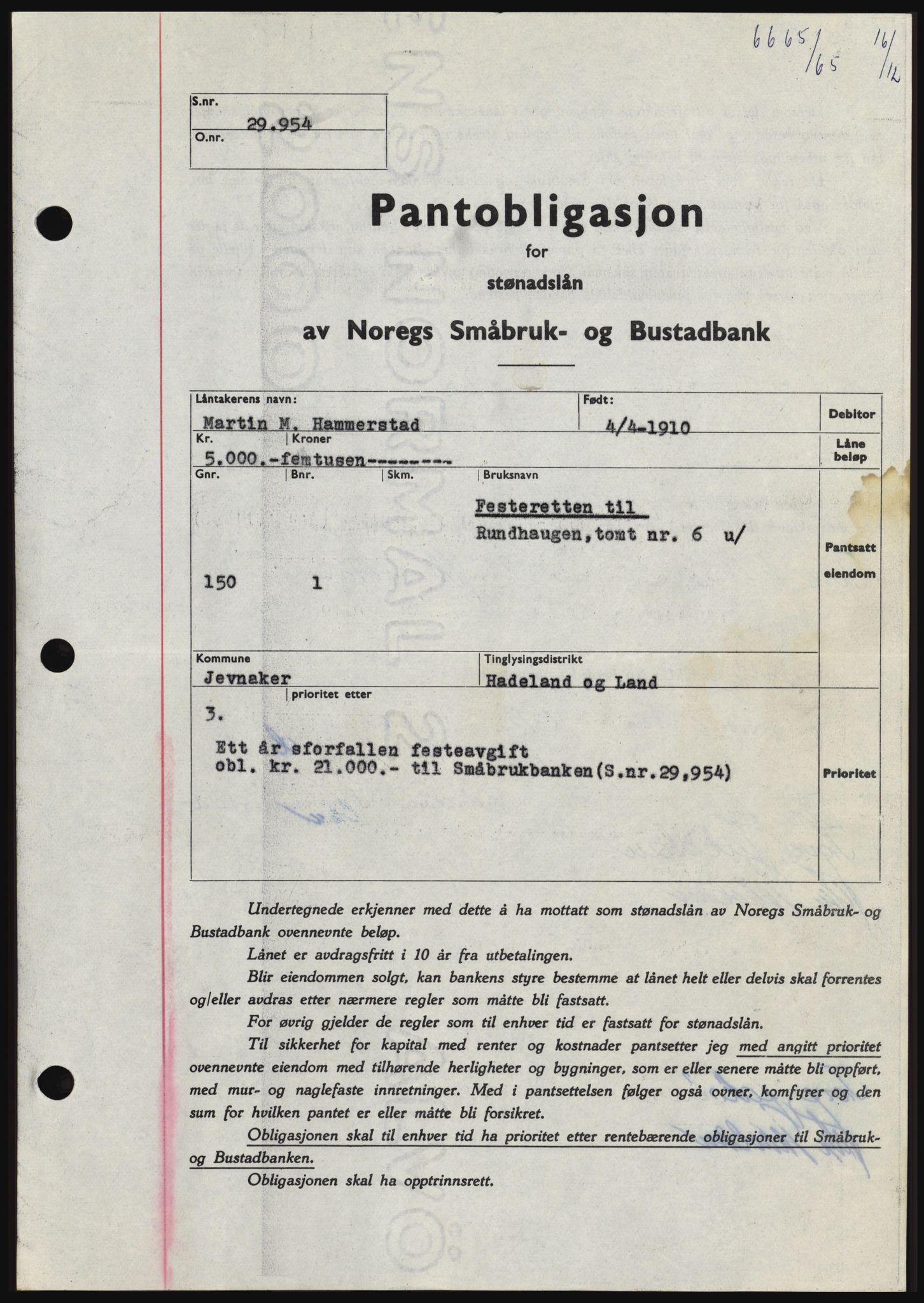 Hadeland og Land tingrett, SAH/TING-010/H/Hb/Hbc/L0061: Pantebok nr. B61, 1965-1966, Dagboknr: 6665/1965