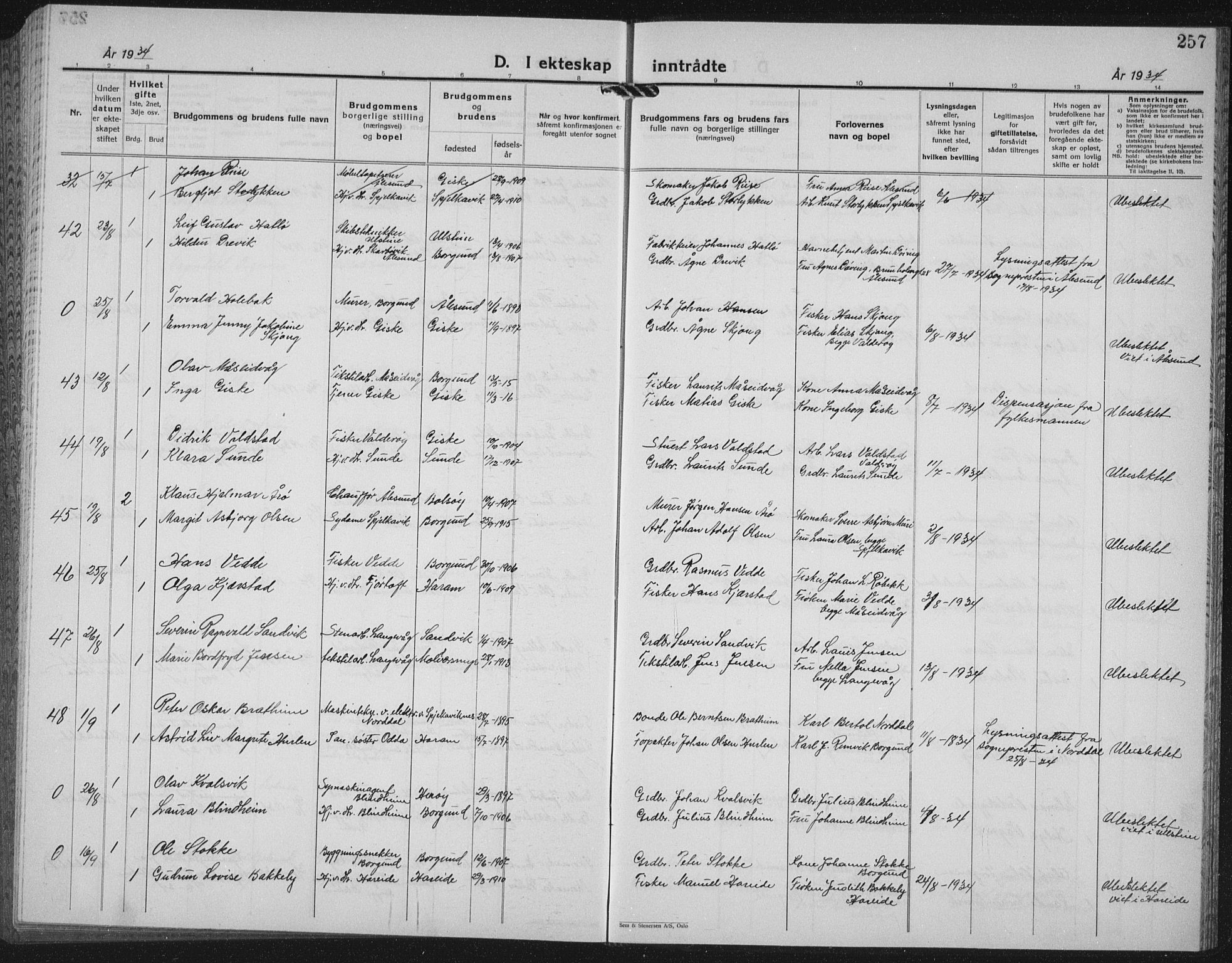 Ministerialprotokoller, klokkerbøker og fødselsregistre - Møre og Romsdal, AV/SAT-A-1454/528/L0436: Klokkerbok nr. 528C17, 1927-1939, s. 257