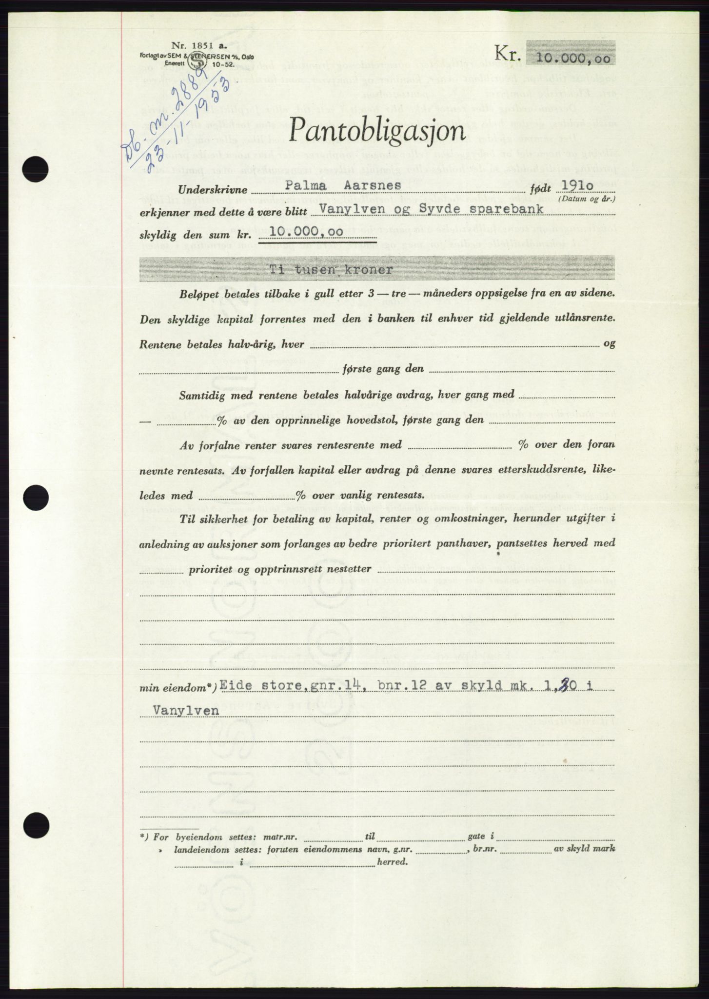 Søre Sunnmøre sorenskriveri, AV/SAT-A-4122/1/2/2C/L0124: Pantebok nr. 12B, 1953-1954, Dagboknr: 2889/1953