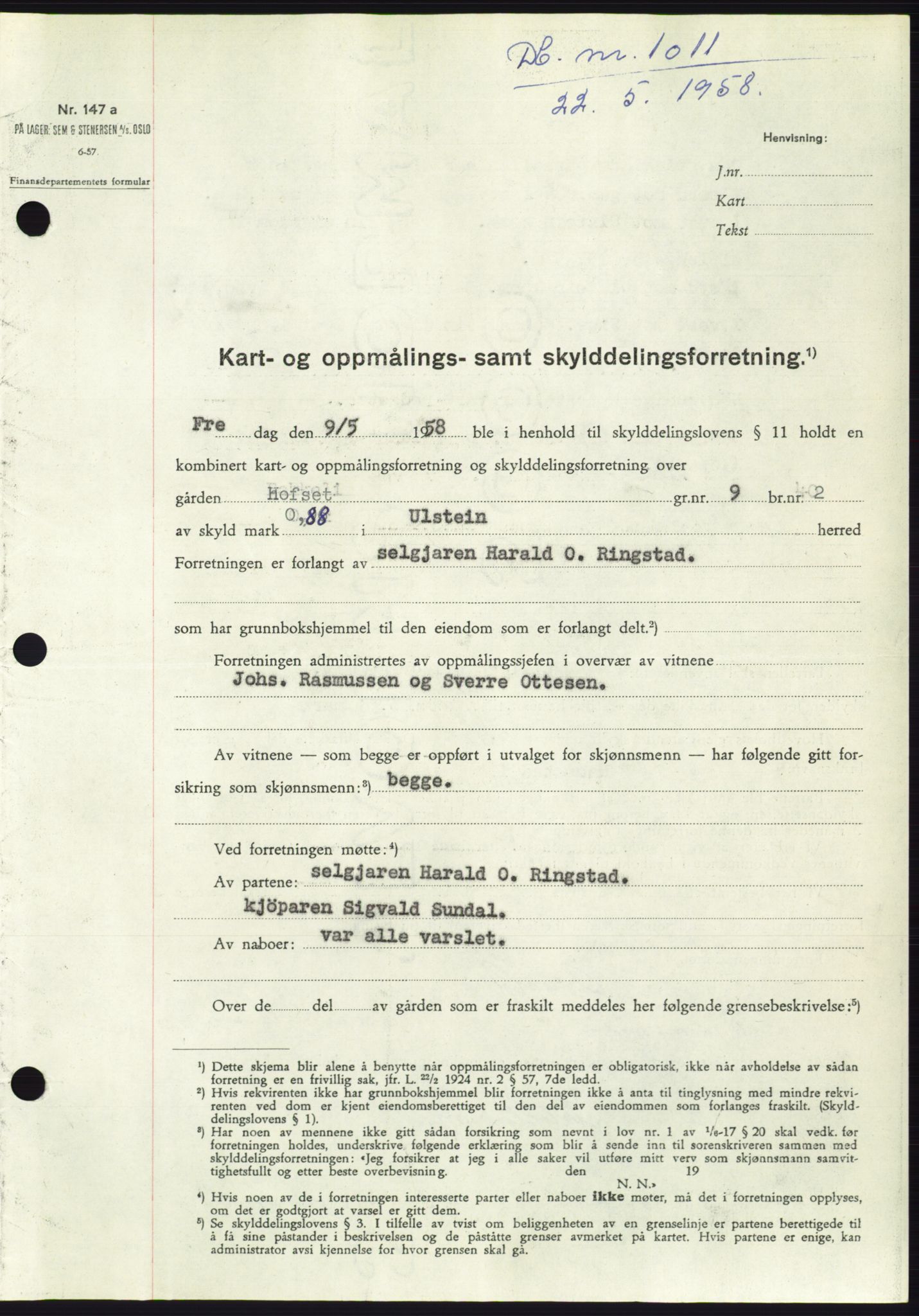 Søre Sunnmøre sorenskriveri, SAT/A-4122/1/2/2C/L0109: Pantebok nr. 35A, 1958-1958, Dagboknr: 1011/1958
