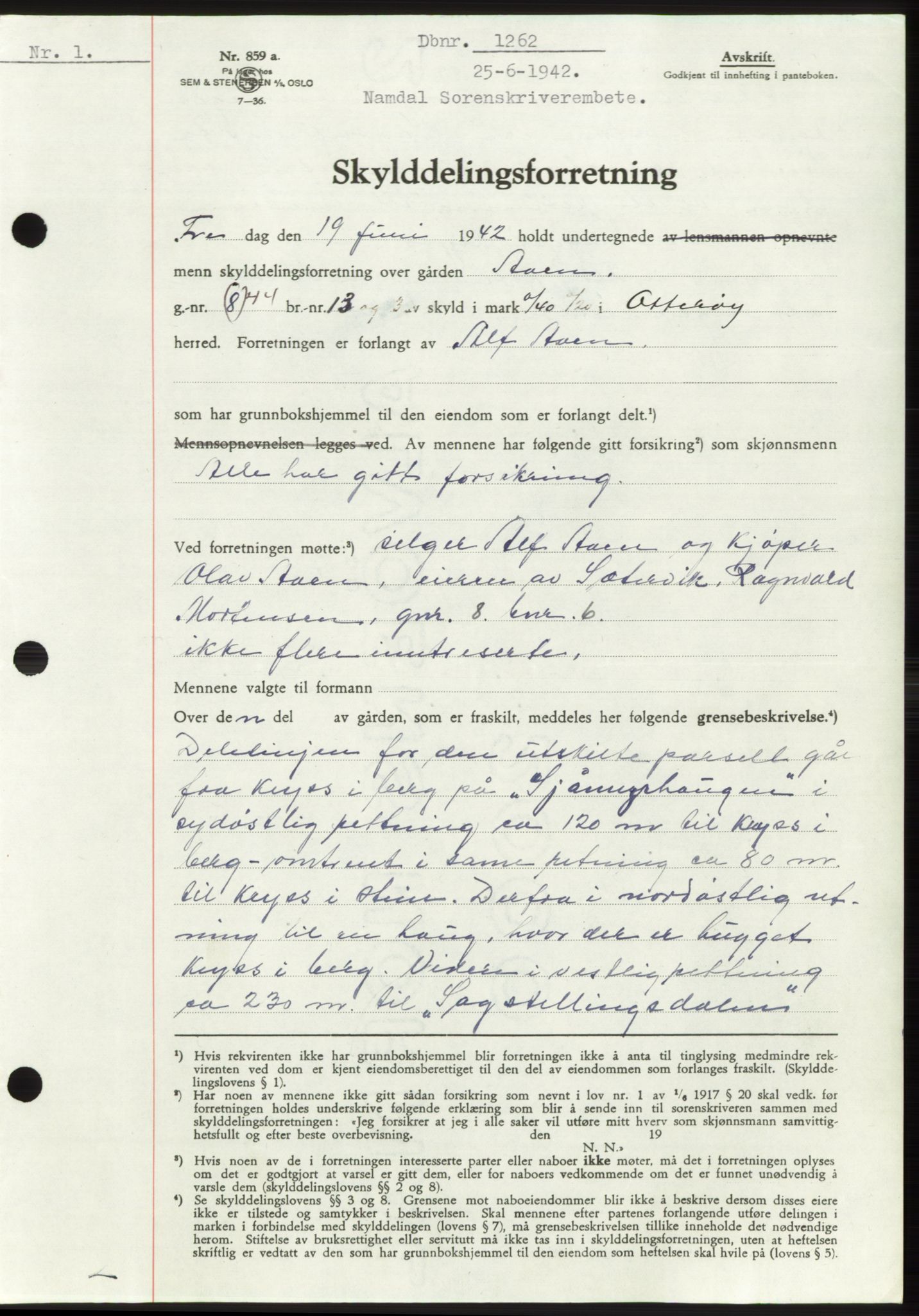 Namdal sorenskriveri, SAT/A-4133/1/2/2C: Pantebok nr. -, 1941-1942, Dagboknr: 1262/1942