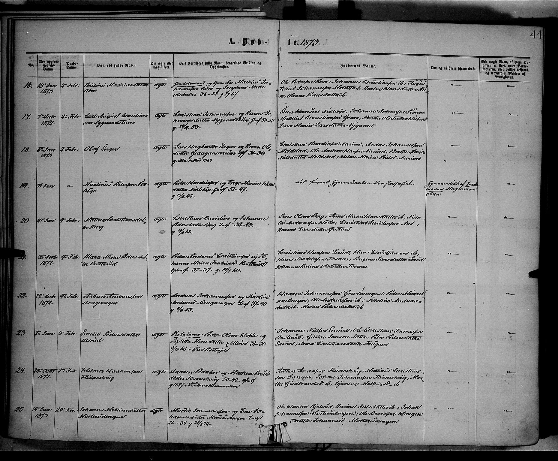 Vestre Toten prestekontor, SAH/PREST-108/H/Ha/Haa/L0008: Ministerialbok nr. 8, 1870-1877, s. 44