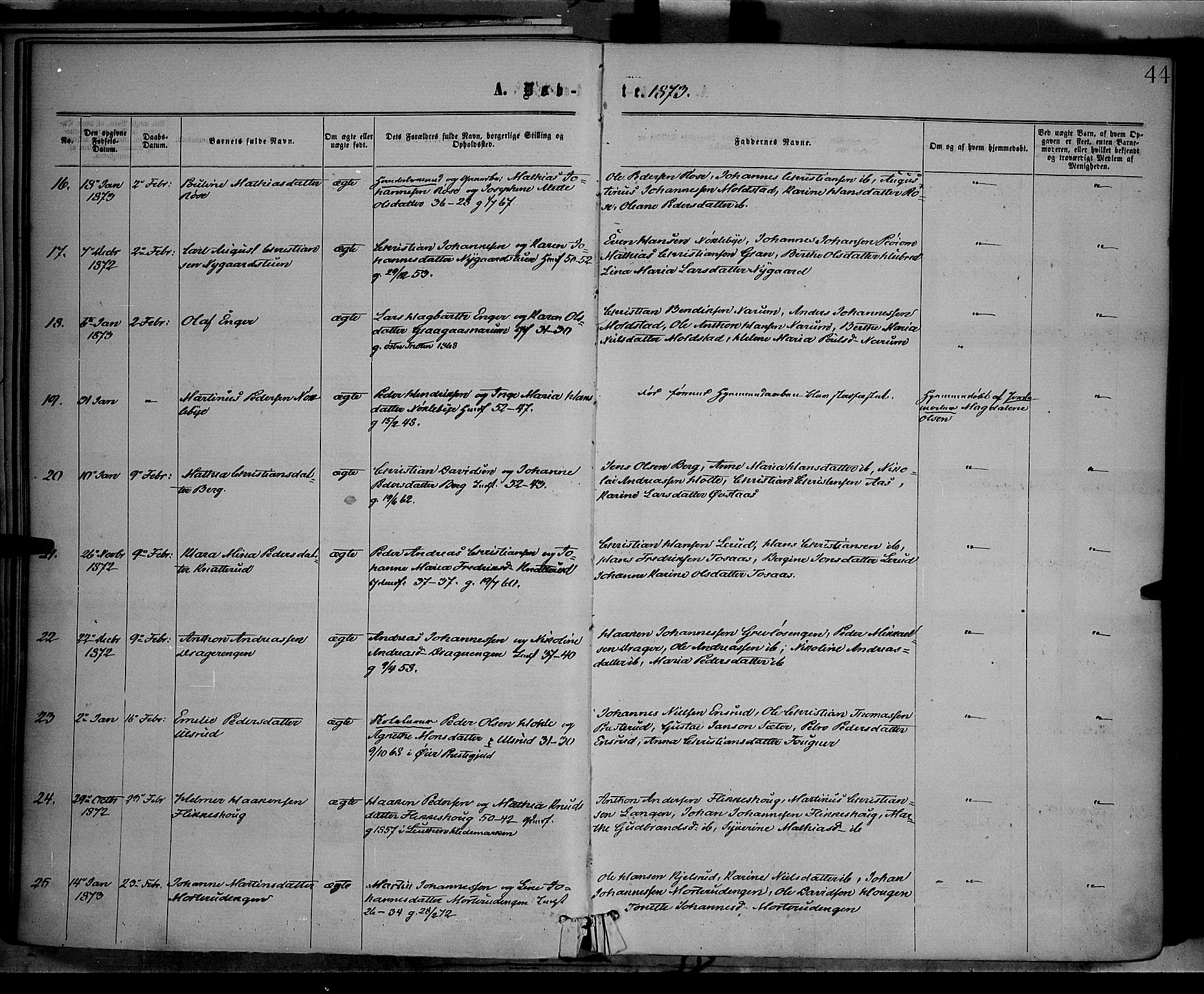 Vestre Toten prestekontor, AV/SAH-PREST-108/H/Ha/Haa/L0008: Ministerialbok nr. 8, 1870-1877, s. 44