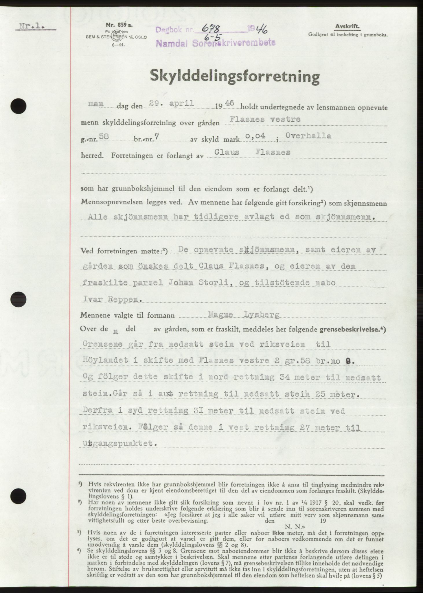 Namdal sorenskriveri, SAT/A-4133/1/2/2C: Pantebok nr. -, 1946-1946, Dagboknr: 678/1946