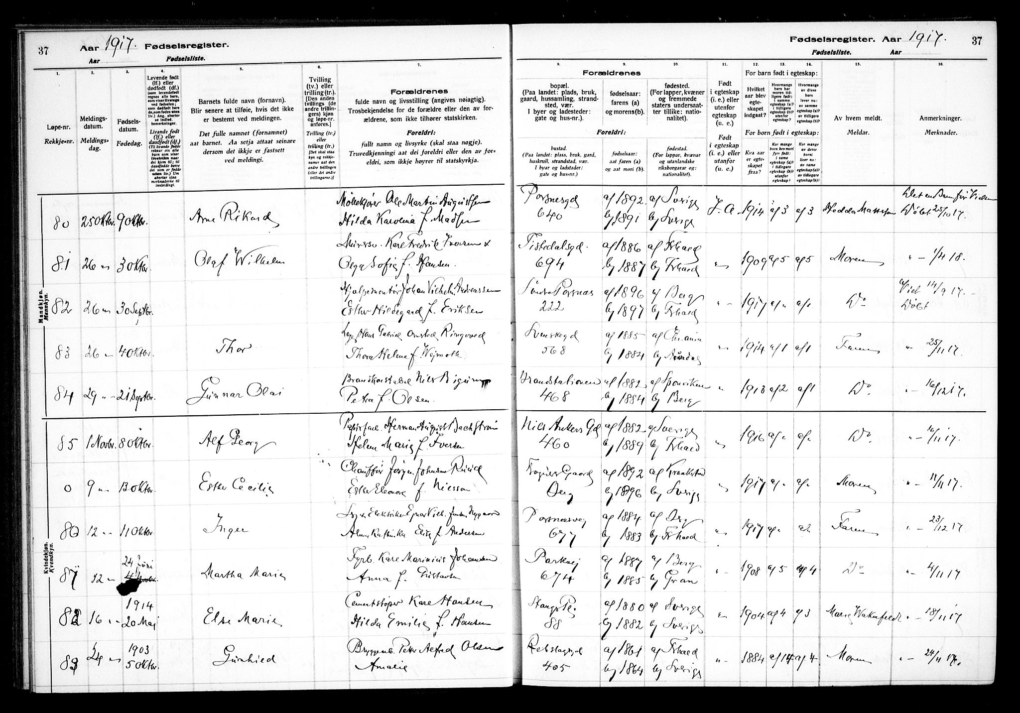 Halden prestekontor Kirkebøker, AV/SAO-A-10909/J/Ja/L0001: Fødselsregister nr. I 1, 1916-1925, s. 37