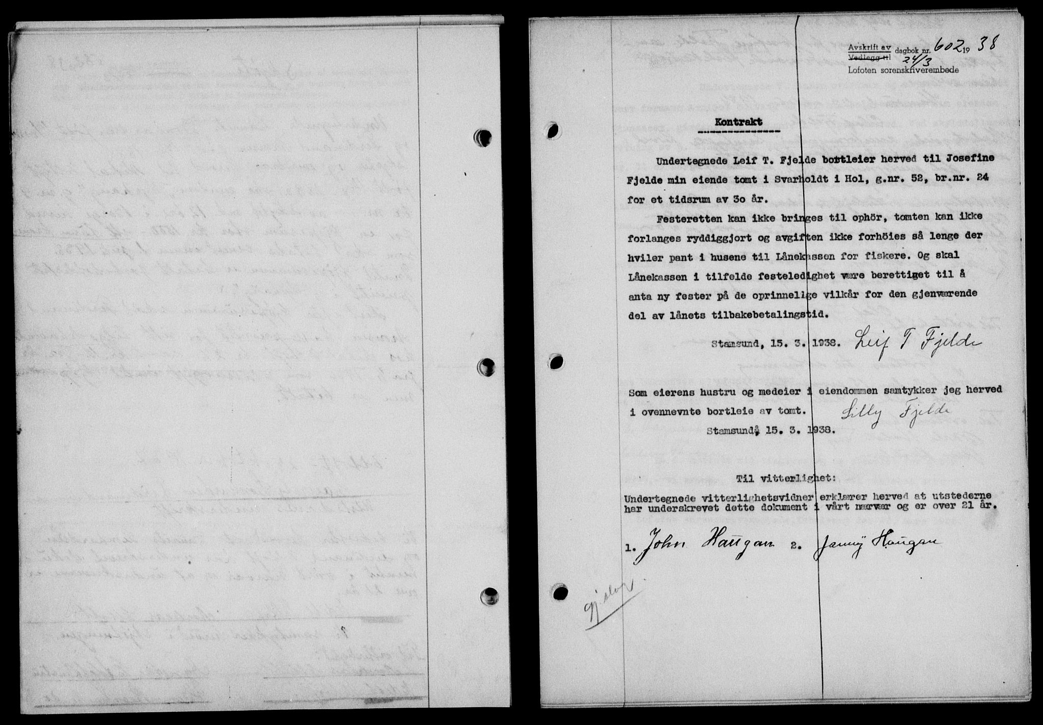 Lofoten sorenskriveri, SAT/A-0017/1/2/2C/L0003a: Pantebok nr. 3a, 1937-1938, Dagboknr: 602/1938