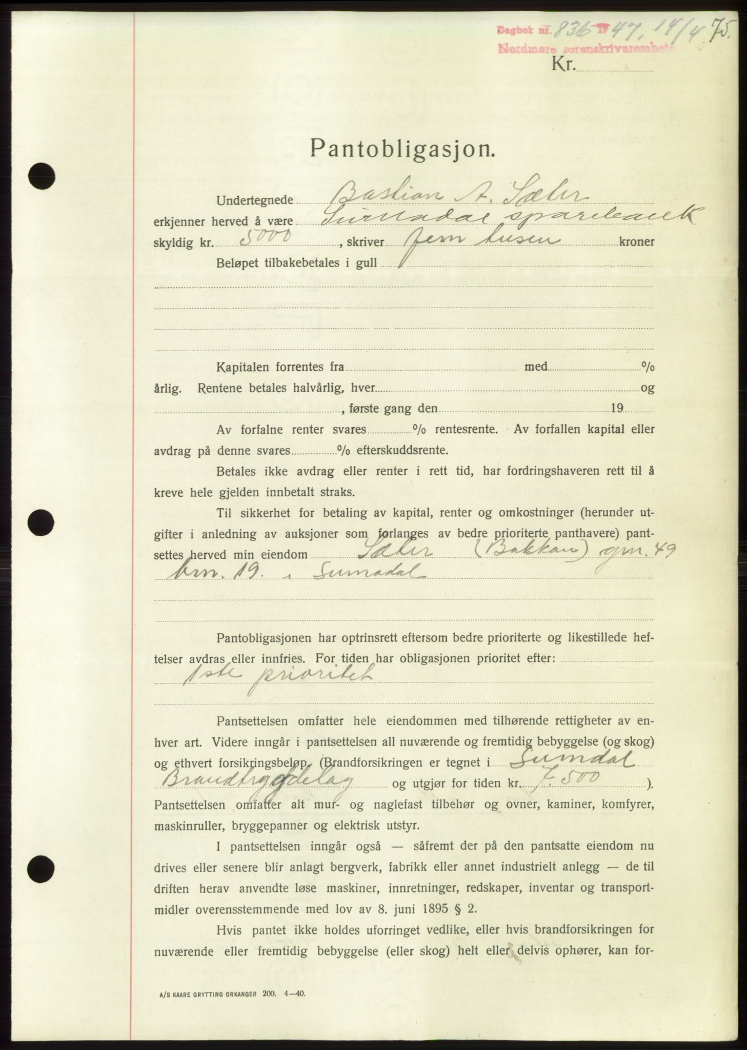 Nordmøre sorenskriveri, SAT/A-4132/1/2/2Ca: Pantebok nr. B96, 1947-1947, Dagboknr: 836/1947