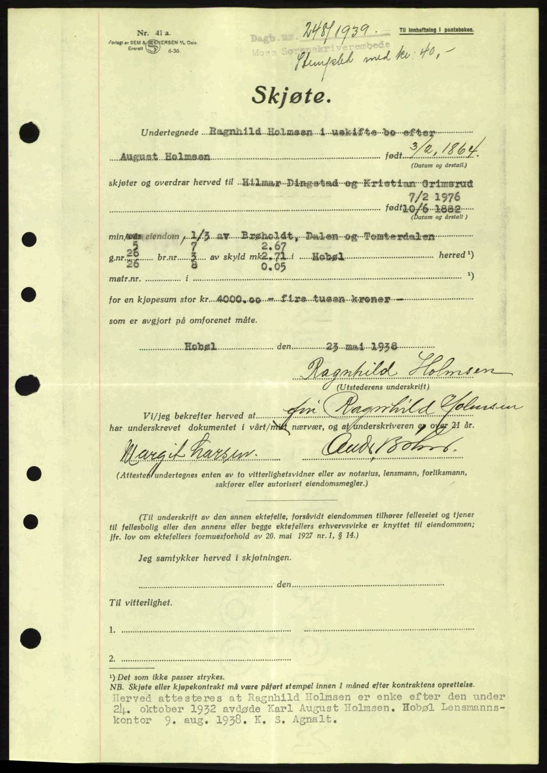 Moss sorenskriveri, SAO/A-10168: Pantebok nr. A5, 1938-1939, Dagboknr: 248/1939