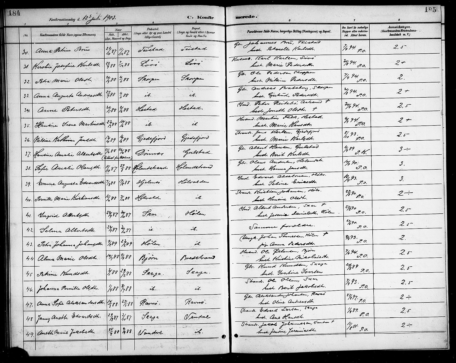 Ministerialprotokoller, klokkerbøker og fødselsregistre - Nordland, AV/SAT-A-1459/834/L0516: Klokkerbok nr. 834C06, 1902-1918, s. 184-185