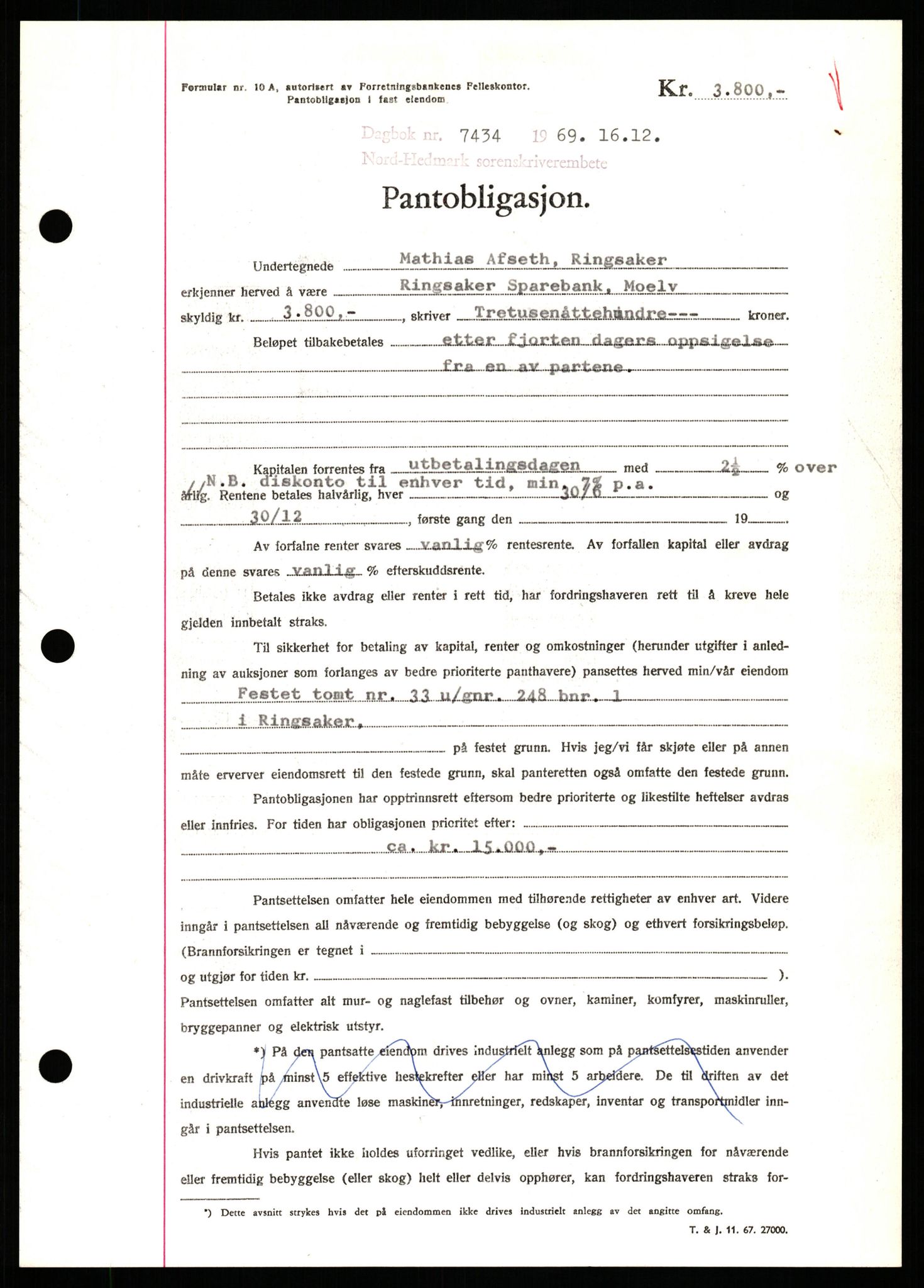 Nord-Hedmark sorenskriveri, SAH/TING-012/H/Hb/Hbf/L0082: Pantebok nr. B82, 1969-1969, Dagboknr: 7434/1969