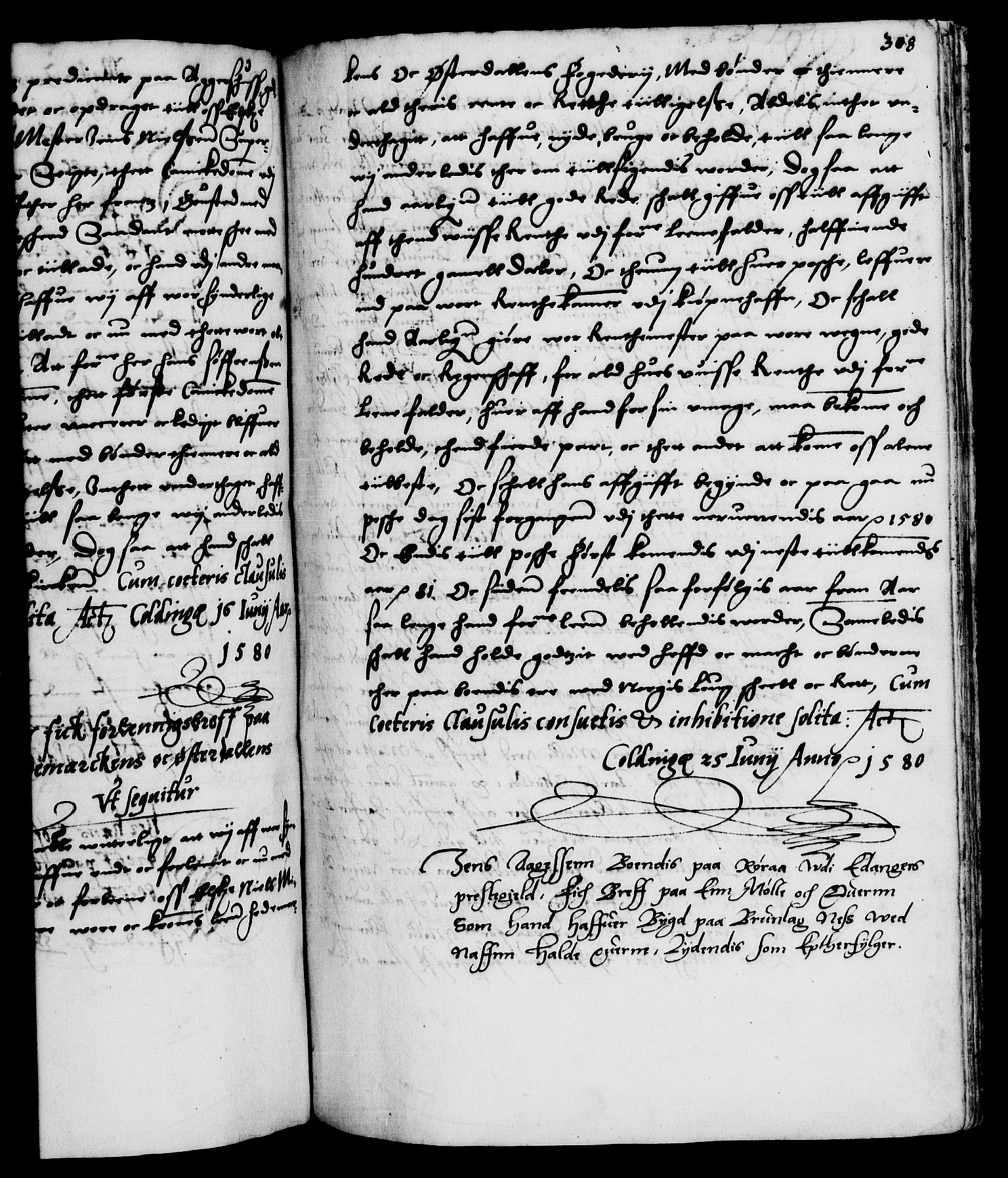 Danske Kanselli 1572-1799, RA/EA-3023/F/Fc/Fca/Fcaa/L0001: Norske registre (mikrofilm), 1572-1588, s. 308a