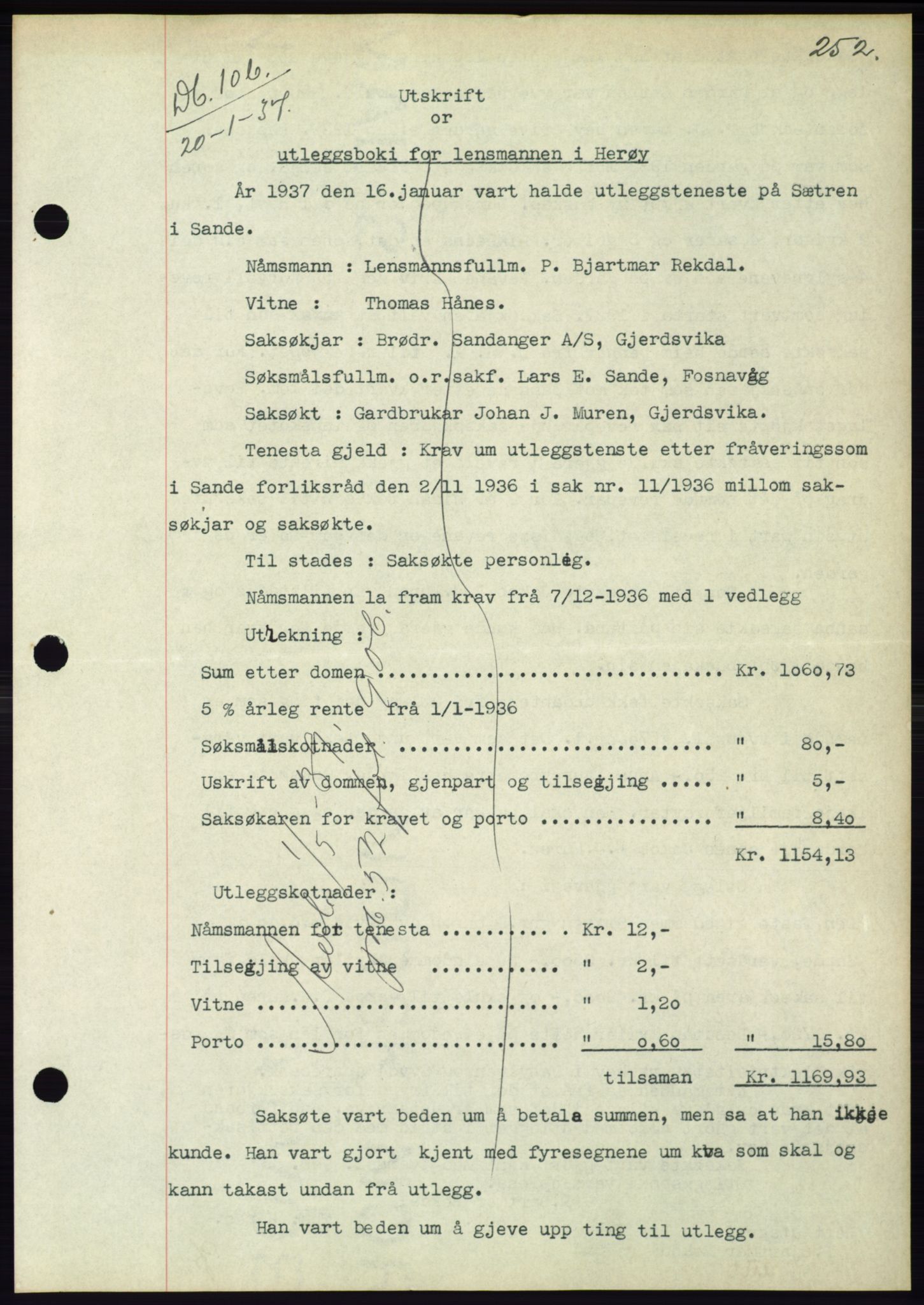 Søre Sunnmøre sorenskriveri, AV/SAT-A-4122/1/2/2C/L0062: Pantebok nr. 56, 1936-1937, Dagboknr: 106/1937