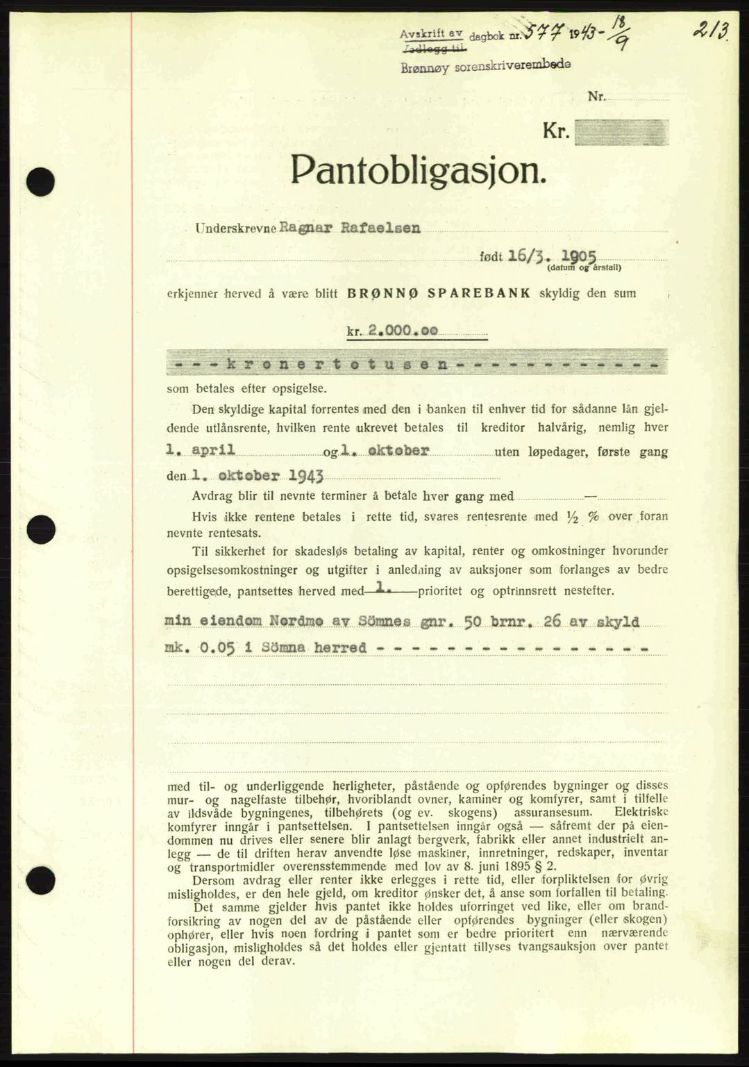 Brønnøy sorenskriveri, SAT/A-4170/1/2/2C: Pantebok nr. 23, 1943-1944, Dagboknr: 577/1943