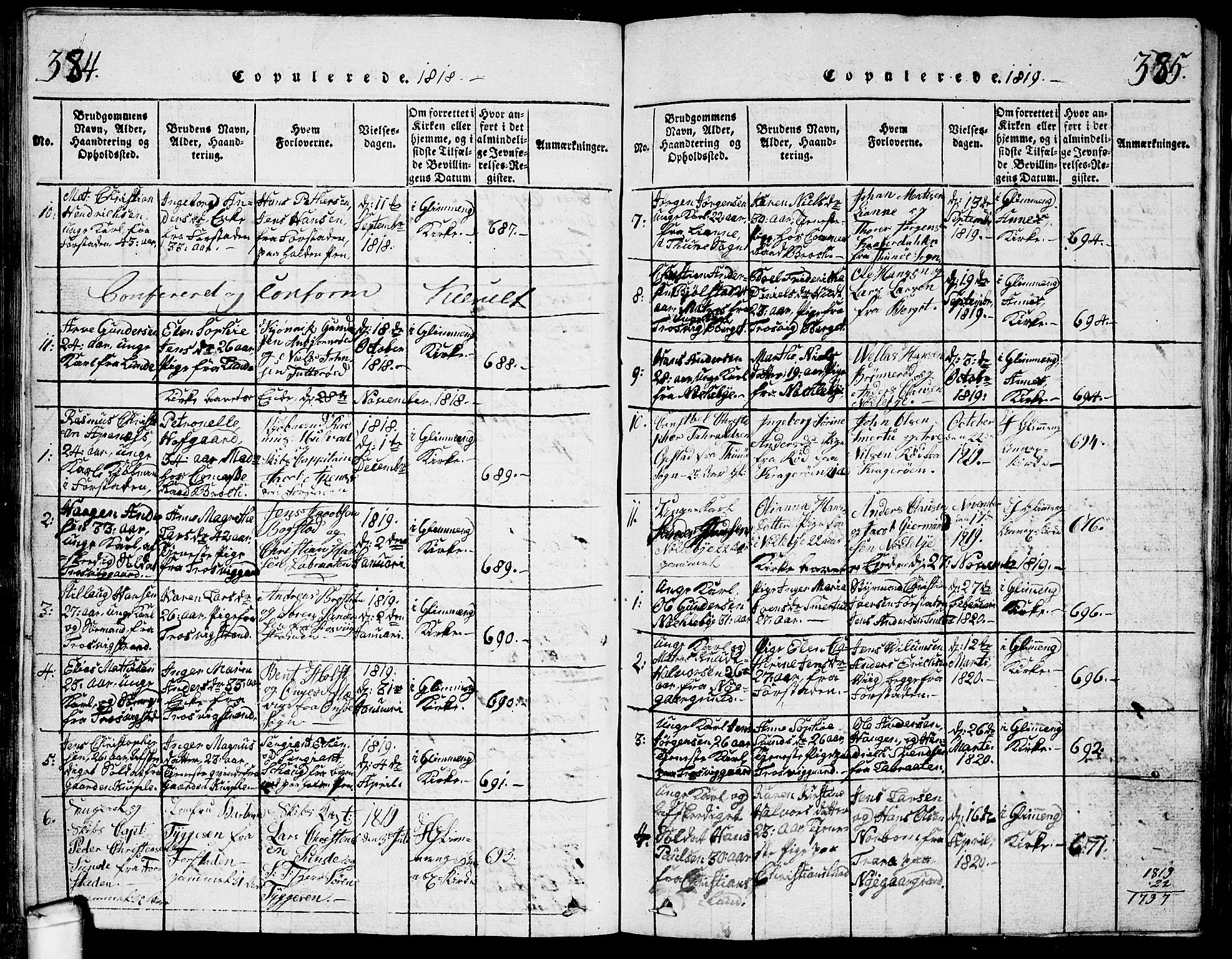 Glemmen prestekontor Kirkebøker, AV/SAO-A-10908/G/Ga/L0001: Klokkerbok nr. 1, 1816-1838, s. 384-385
