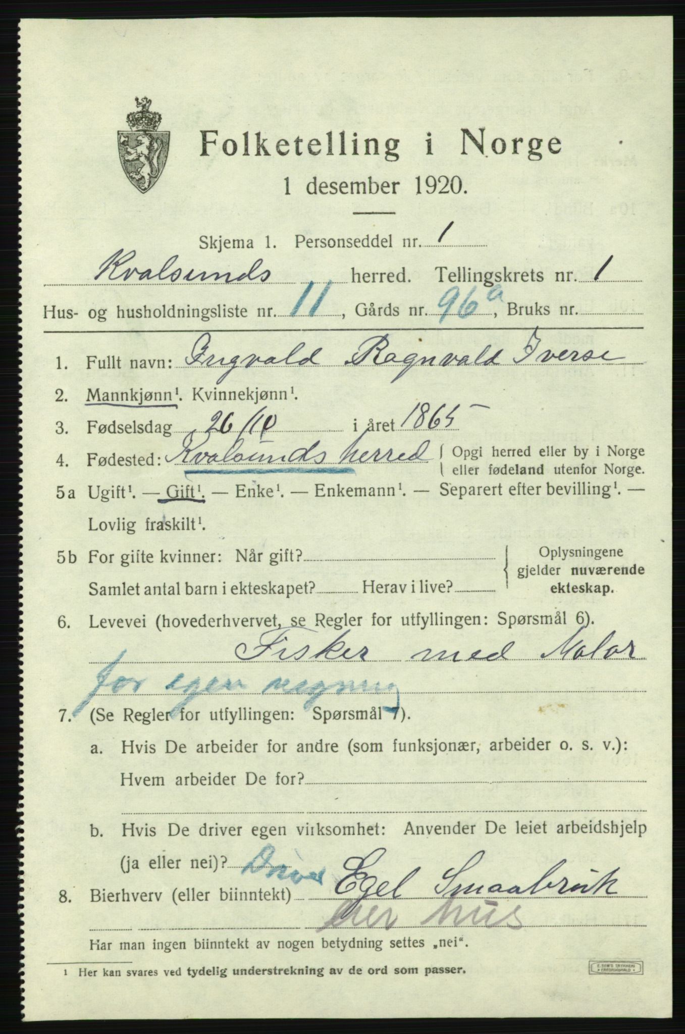SATØ, Folketelling 1920 for 2017 Kvalsund herred, 1920, s. 612