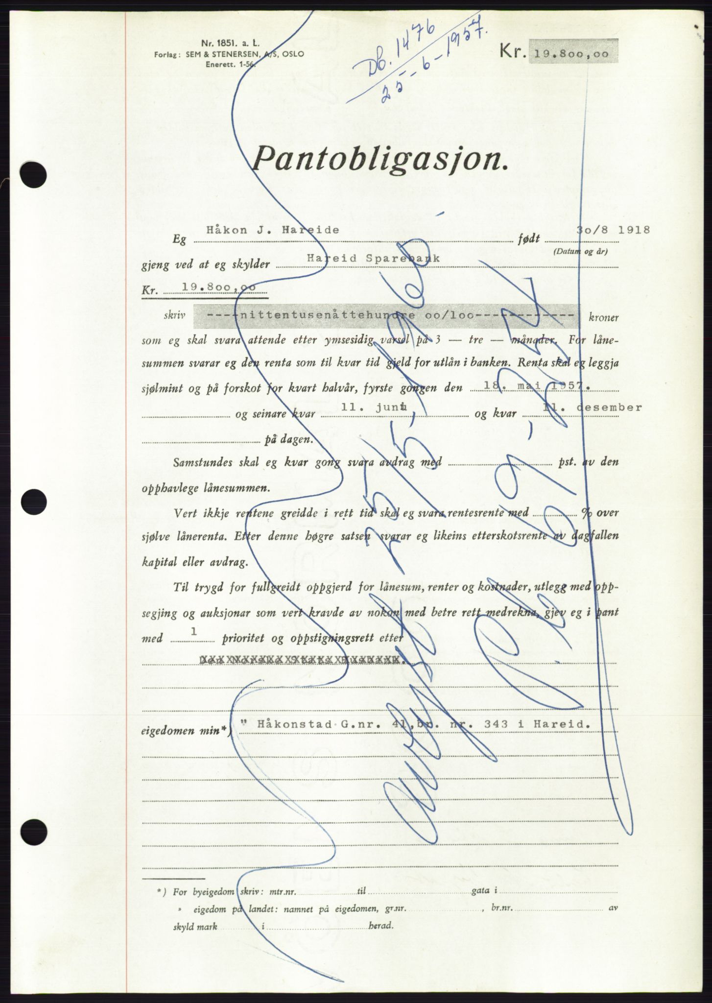 Søre Sunnmøre sorenskriveri, AV/SAT-A-4122/1/2/2C/L0130: Pantebok nr. 18B, 1957-1958, Dagboknr: 1476/1957