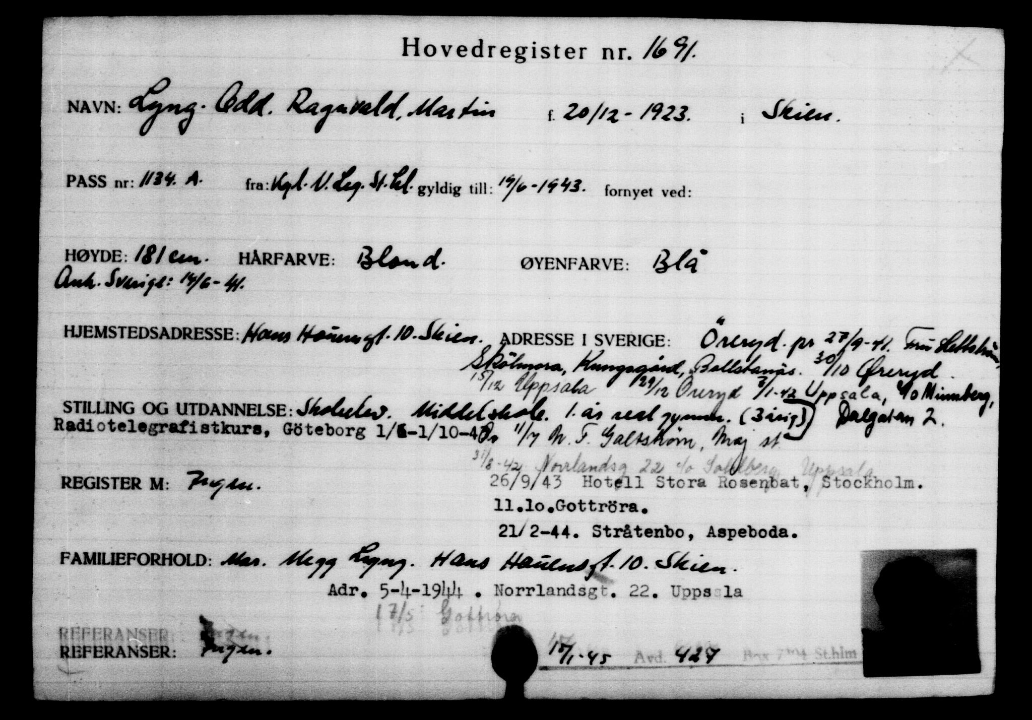 Utenriksstasjonene, Legasjonen i Stockholm, Flyktningkontoret, AV/RA-S-6753/V/Va/L0002: Kjesäterkartoteket, flyktninger med registreringsnr. 1001-2000, 1940-1945, s. 977