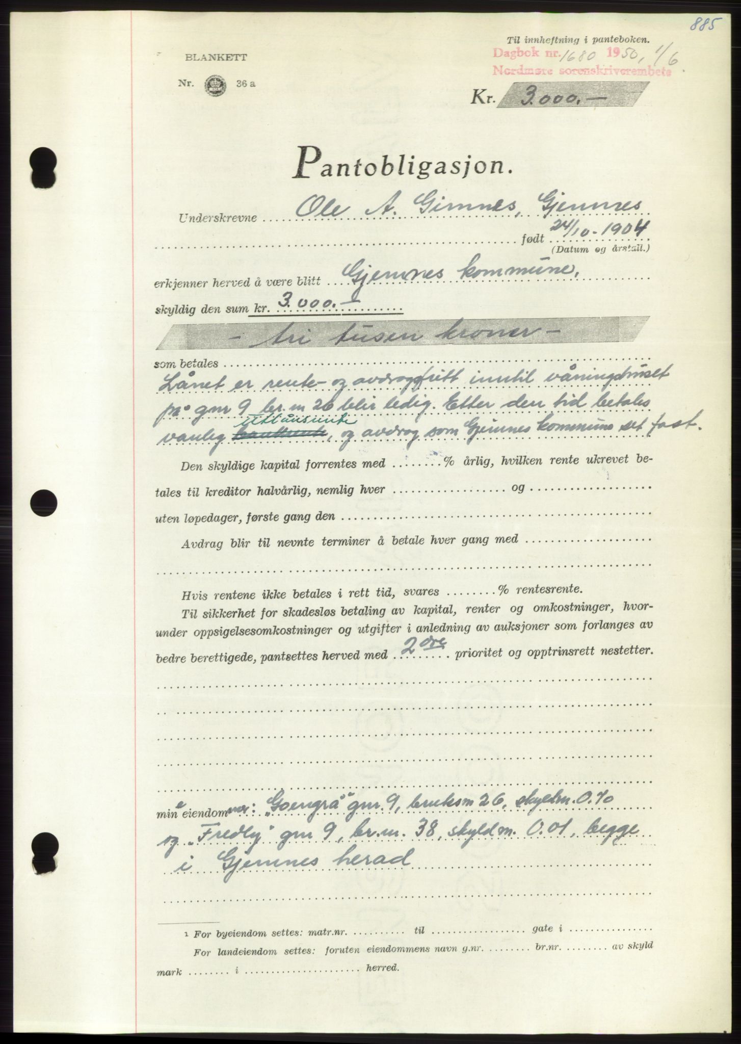 Nordmøre sorenskriveri, SAT/A-4132/1/2/2Ca: Pantebok nr. B104, 1950-1950, Dagboknr: 1680/1950