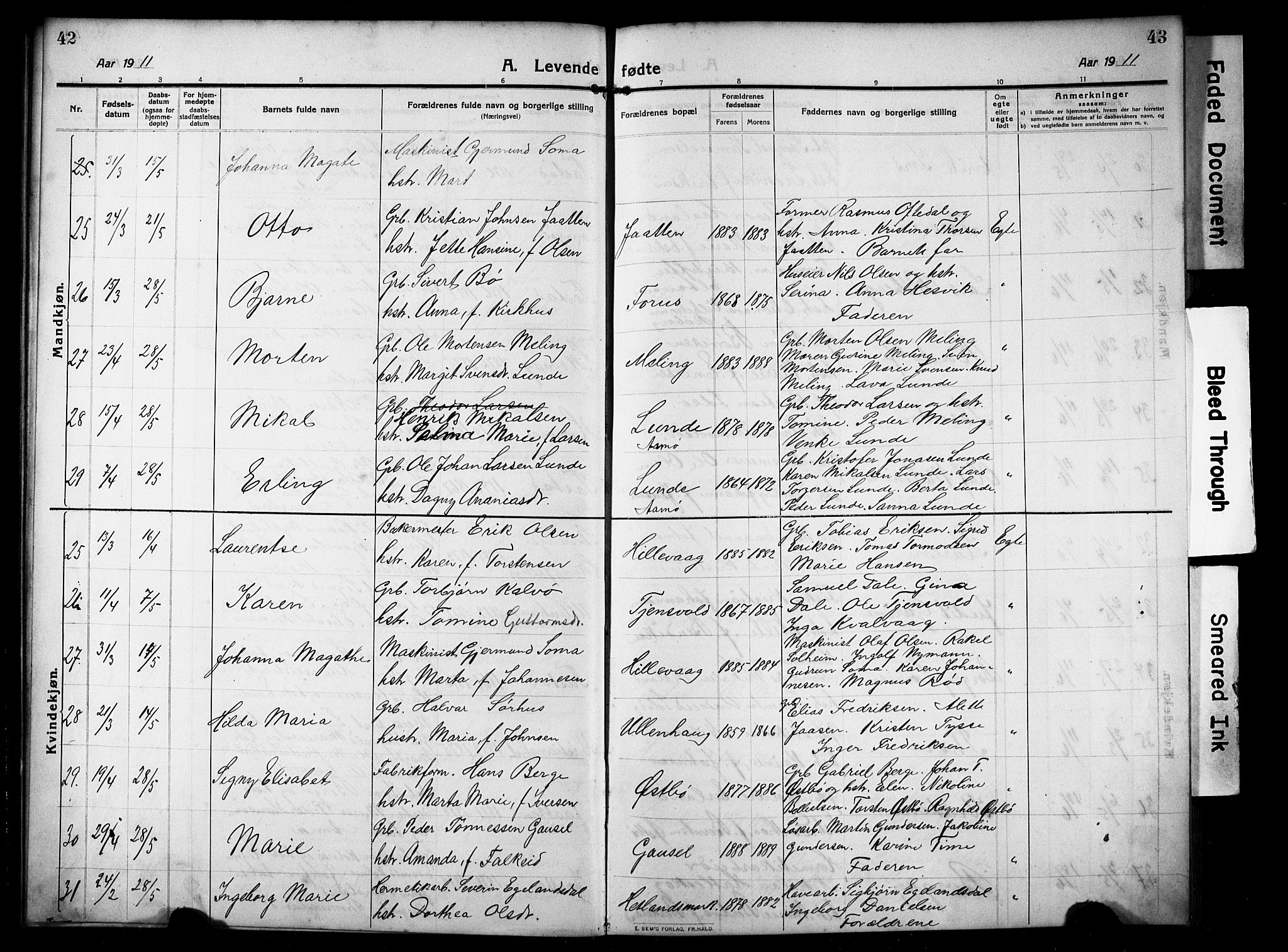 Hetland sokneprestkontor, AV/SAST-A-101826/30/30BB/L0008: Klokkerbok nr. B 8, 1910-1921, s. 42-43