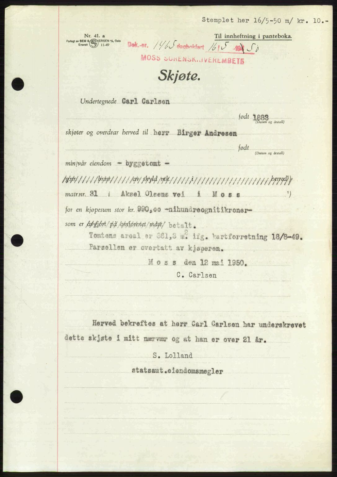 Moss sorenskriveri, SAO/A-10168: Pantebok nr. A26, 1950-1950, Dagboknr: 1465/1950