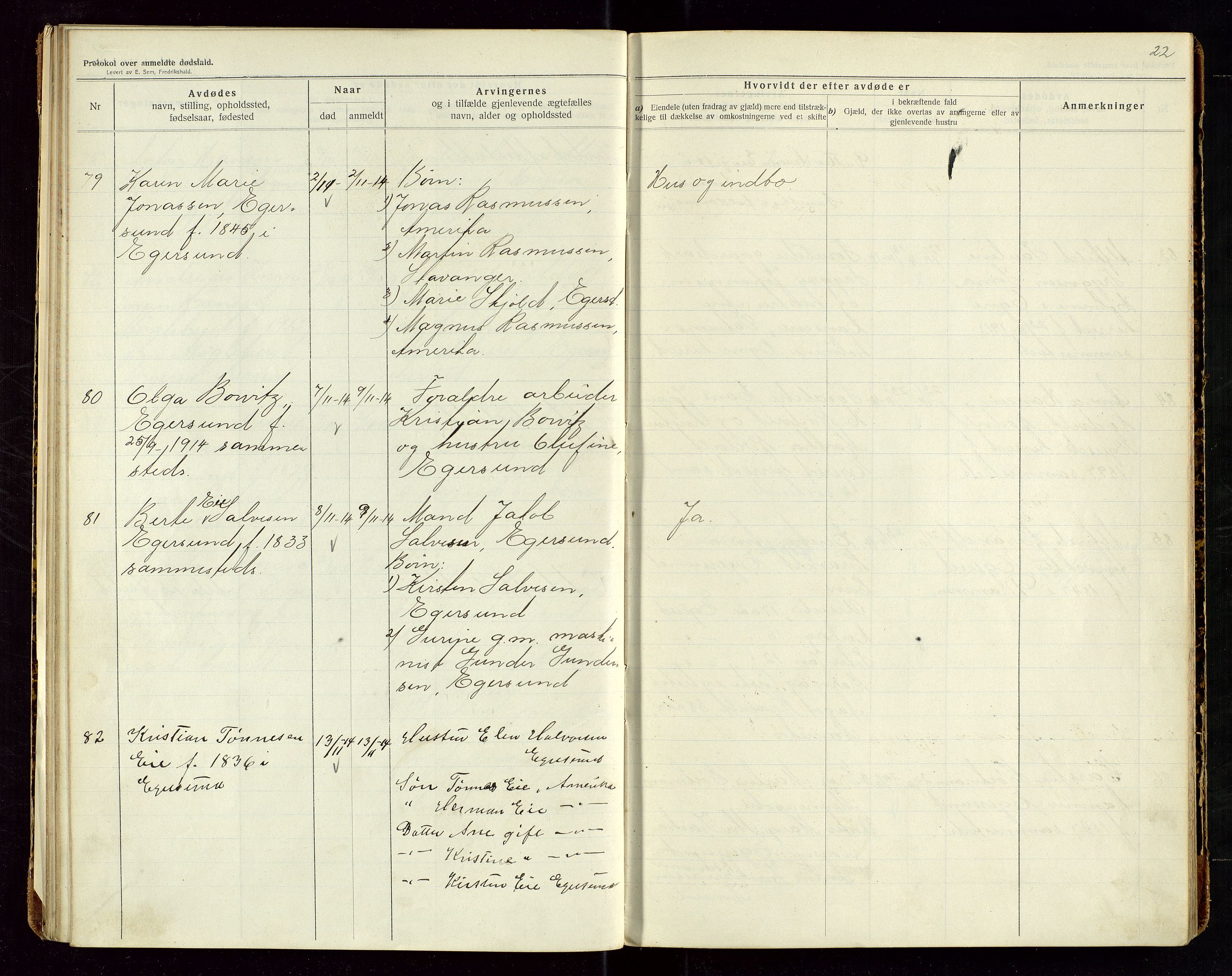 Eigersund lensmannskontor, AV/SAST-A-100171/Gga/L0006: "Protokol over anmeldte dødsfald" m/alfabetisk navneregister, 1914-1917, s. 22