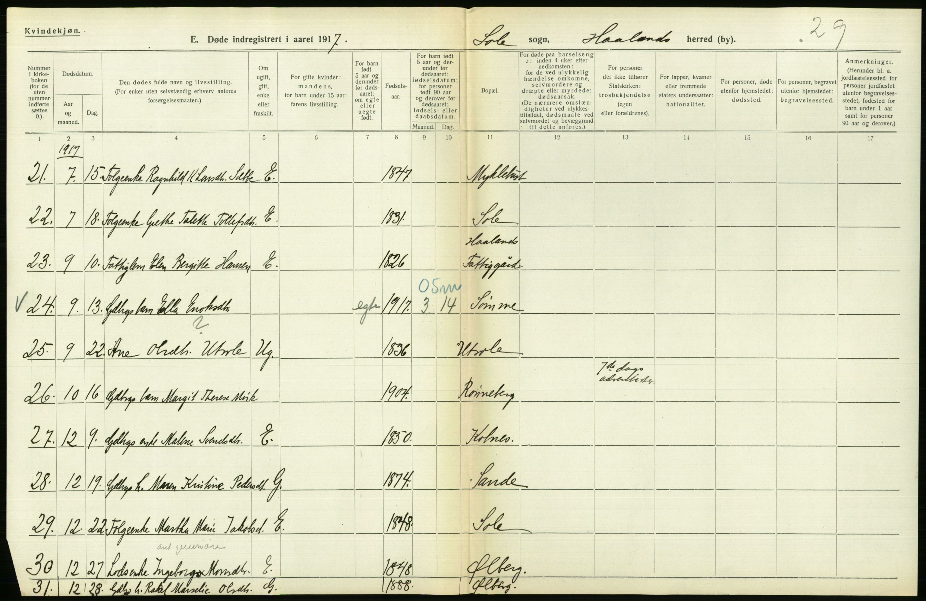 Statistisk sentralbyrå, Sosiodemografiske emner, Befolkning, RA/S-2228/D/Df/Dfb/Dfbg/L0033: Stavanger amt: Døde, dødfødte. Bygder og byer., 1917, s. 224