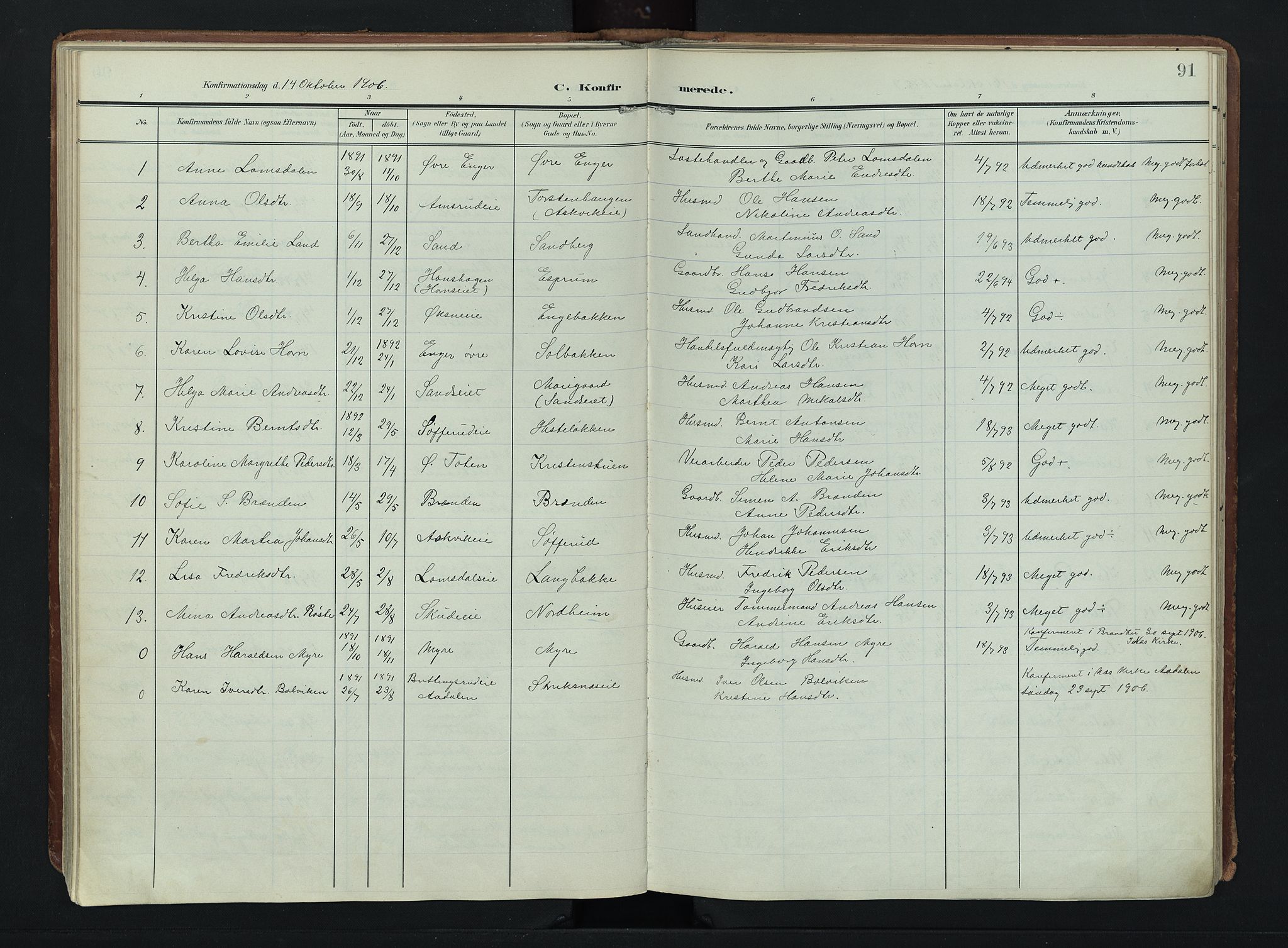 Søndre Land prestekontor, AV/SAH-PREST-122/K/L0007: Ministerialbok nr. 7, 1905-1914, s. 91