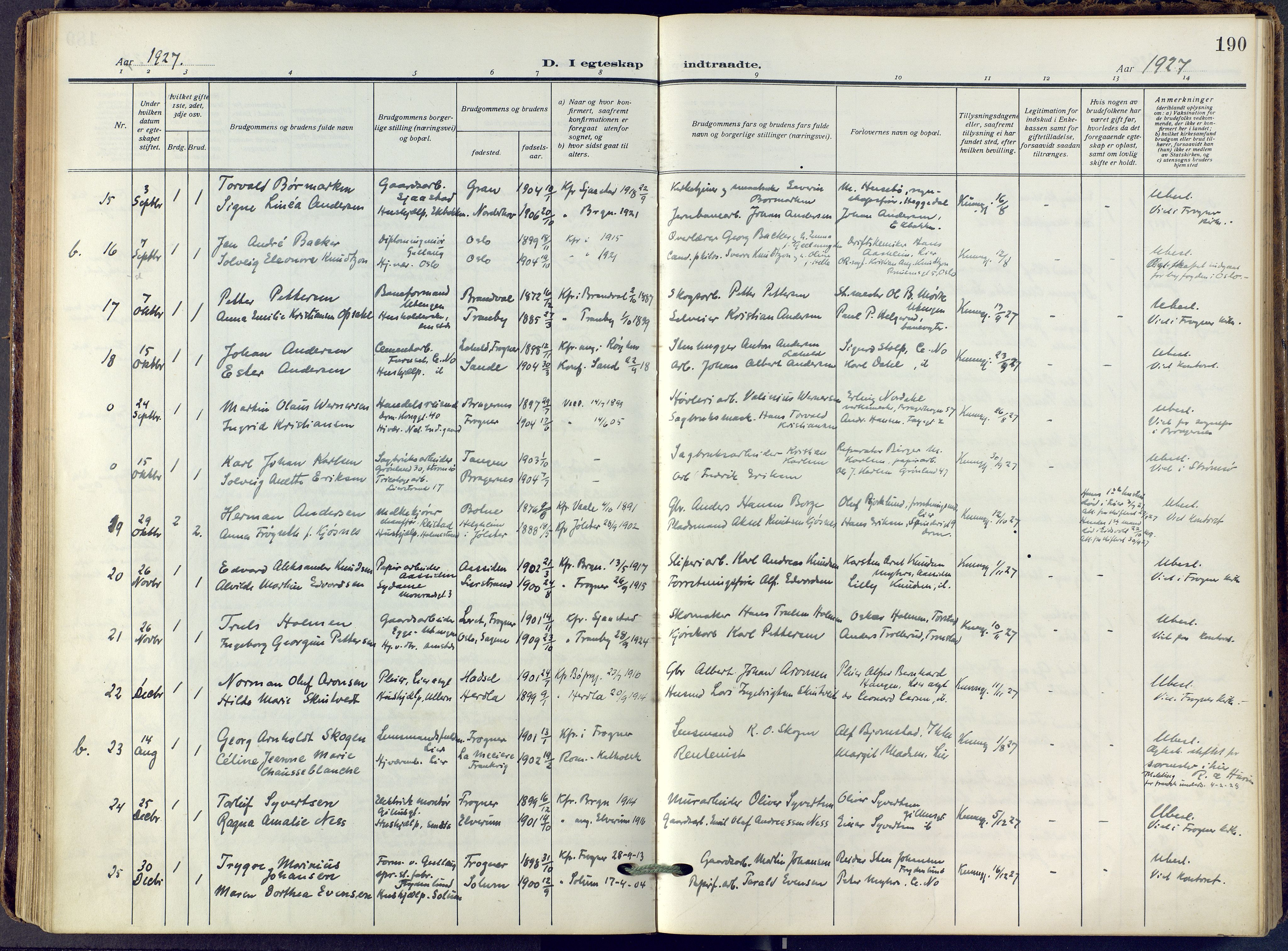 Lier kirkebøker, SAKO/A-230/F/Fa/L0019: Ministerialbok nr. I 19, 1918-1928, s. 190