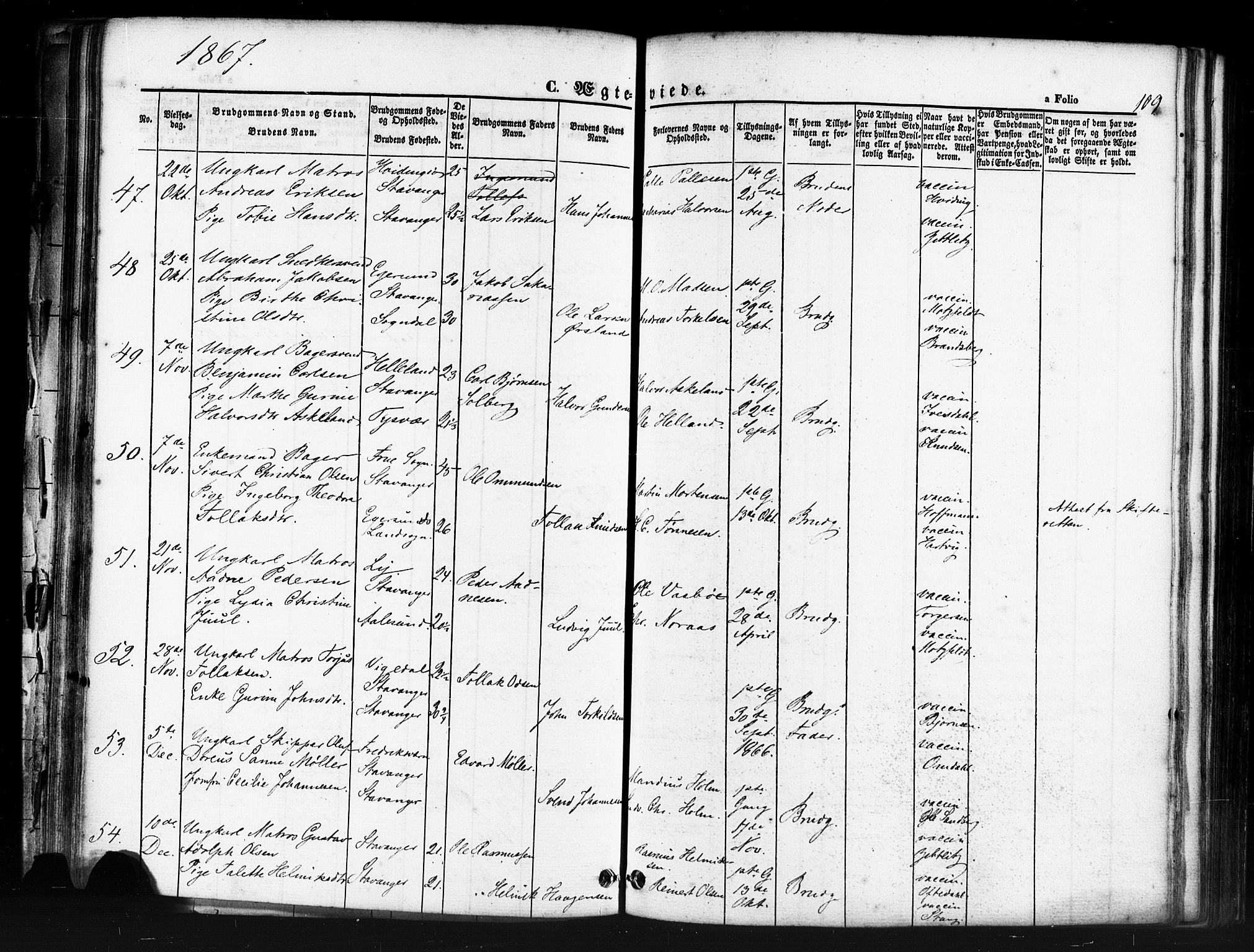 Domkirken sokneprestkontor, AV/SAST-A-101812/001/30/30BB/L0011: Klokkerbok nr. B 11, 1858-1876, s. 109
