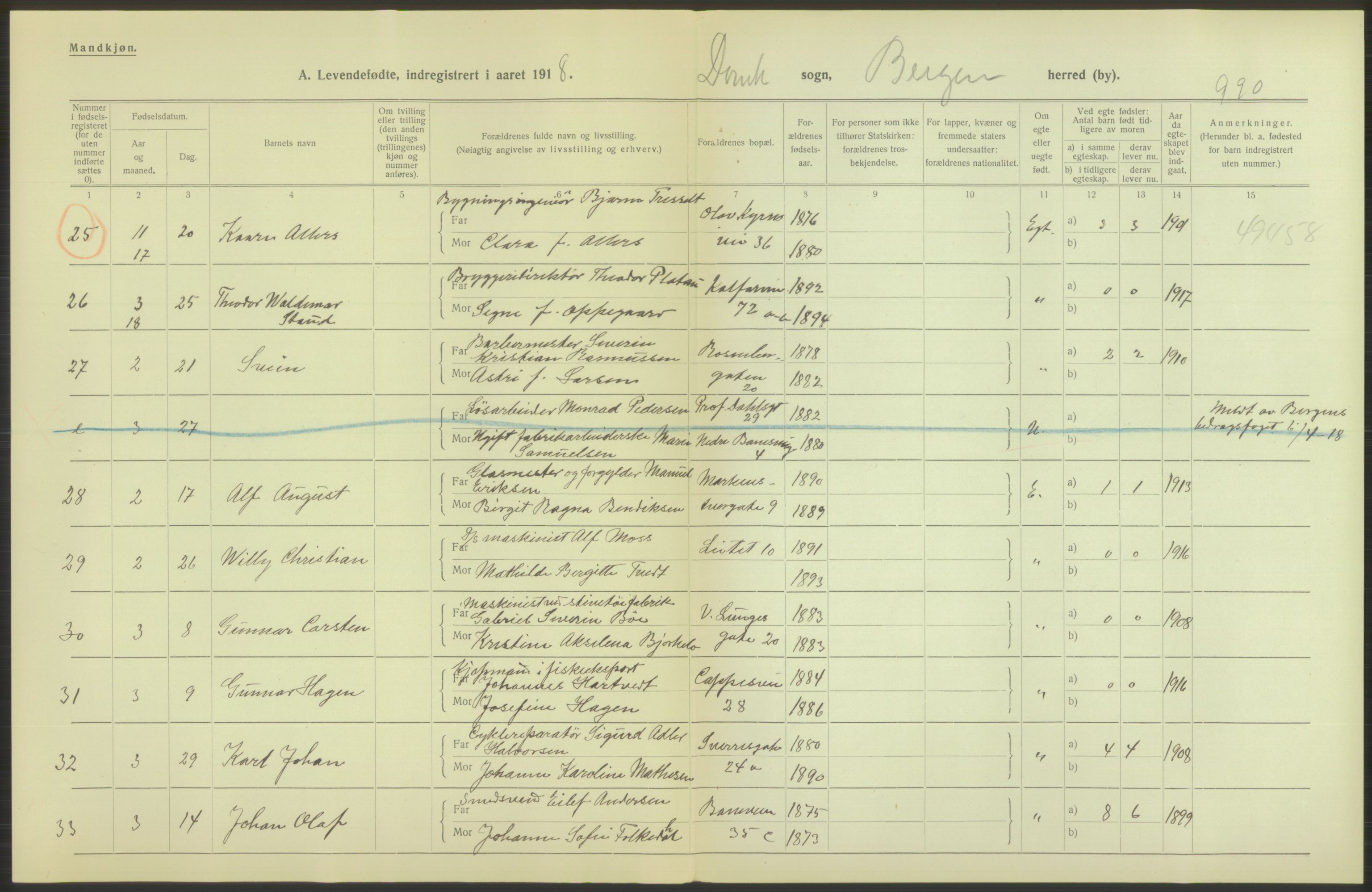 Statistisk sentralbyrå, Sosiodemografiske emner, Befolkning, AV/RA-S-2228/D/Df/Dfb/Dfbh/L0037: Bergen: Levendefødte menn og kvinner., 1918, s. 562