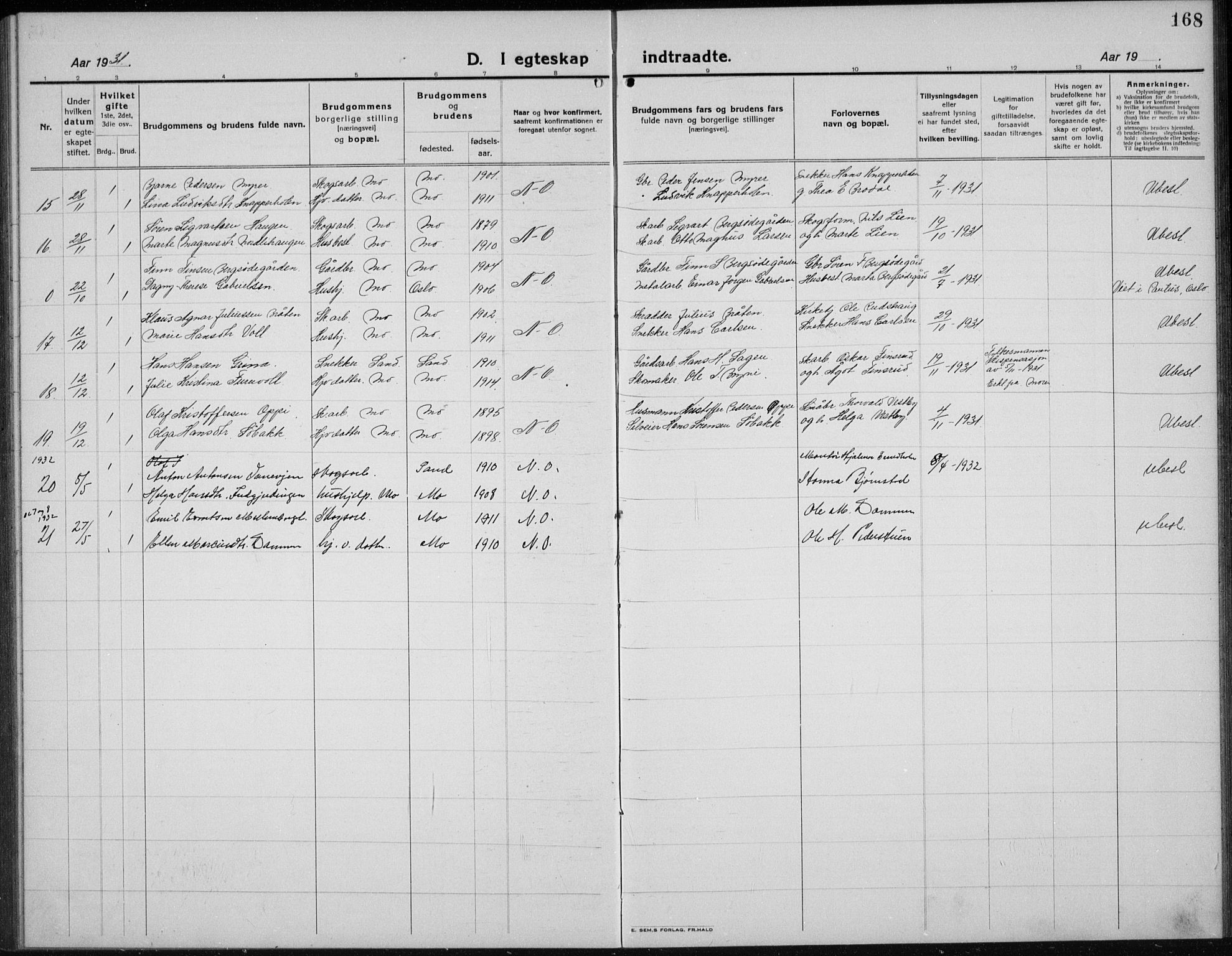 Nord-Odal prestekontor, AV/SAH-PREST-032/H/Ha/Hab/L0004: Klokkerbok nr. 4, 1921-1936, s. 168