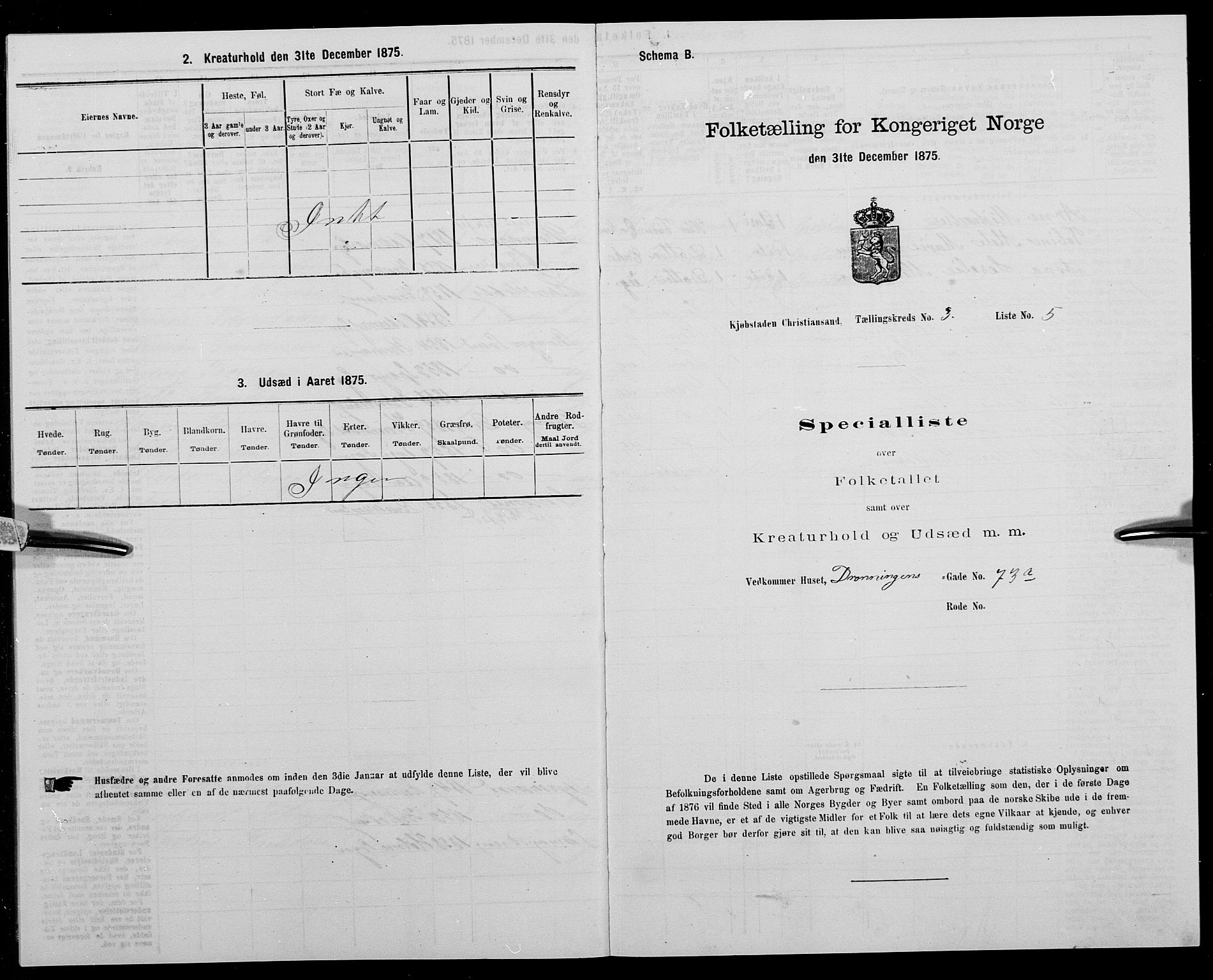 SAK, Folketelling 1875 for 1001P Kristiansand prestegjeld, 1875, s. 302