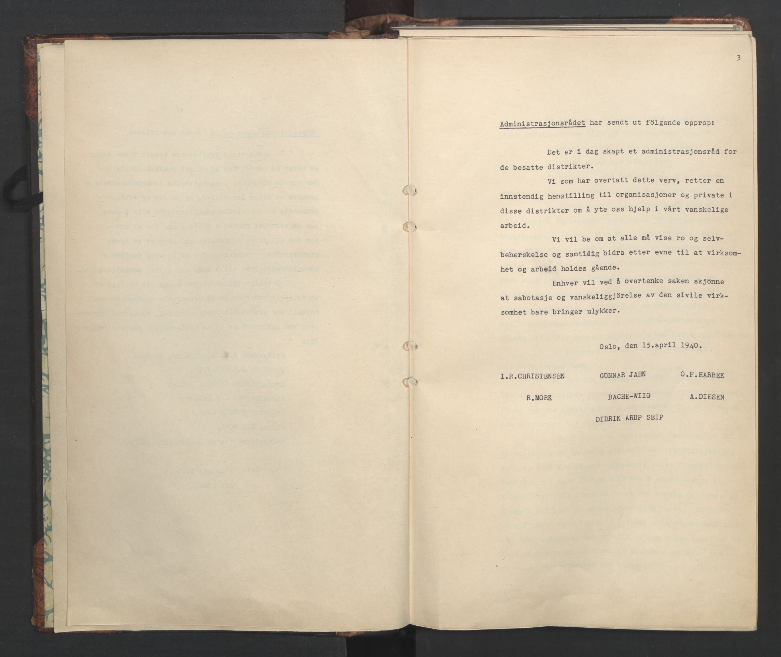 Administrasjonsrådet, AV/RA-S-1004/A/L0001: Møteprotokoll med tillegg 15/4-25/9, 1940, s. 3
